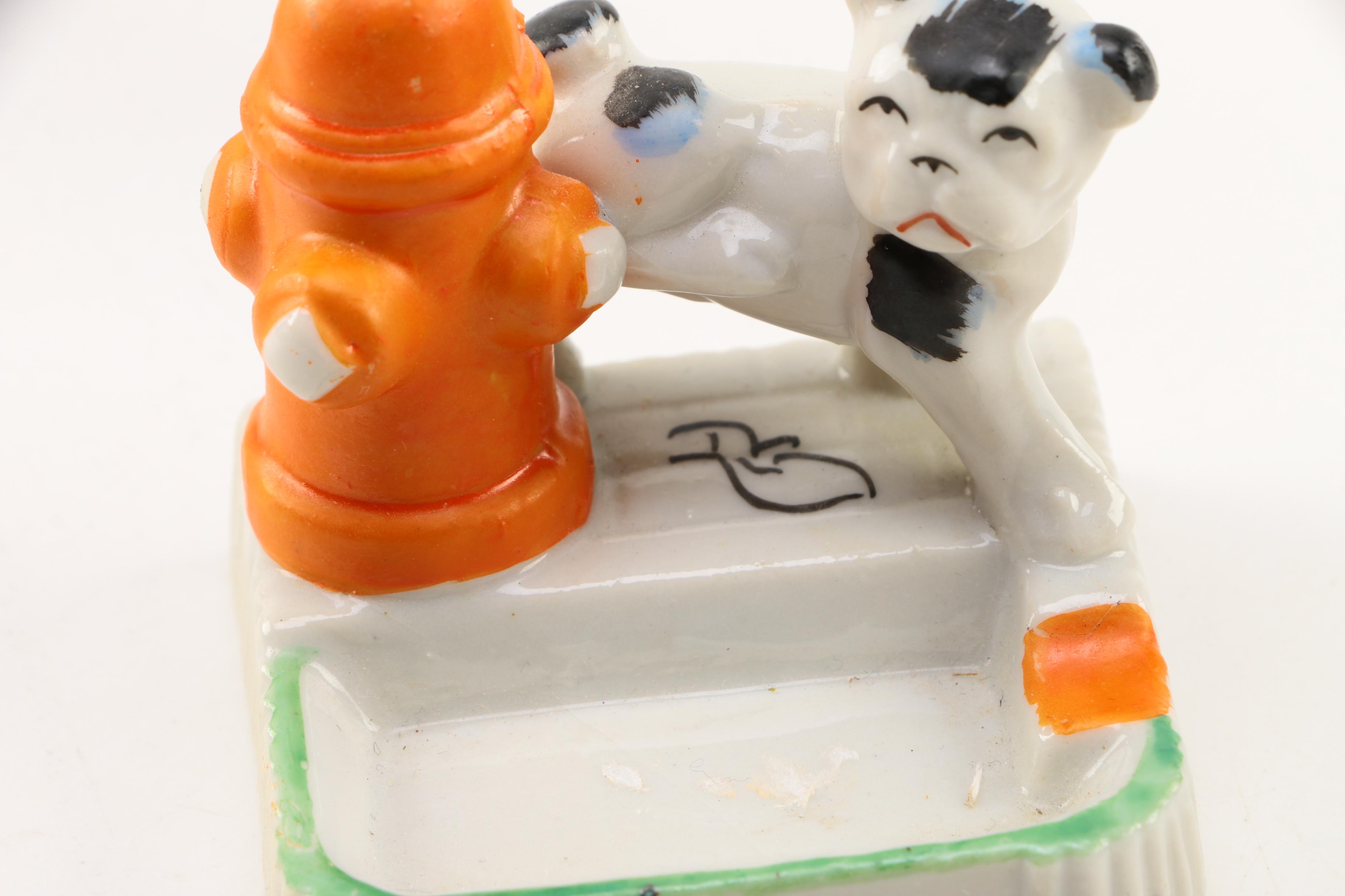 Vintage Ceramic Dog and Fire Hydrant Figurines