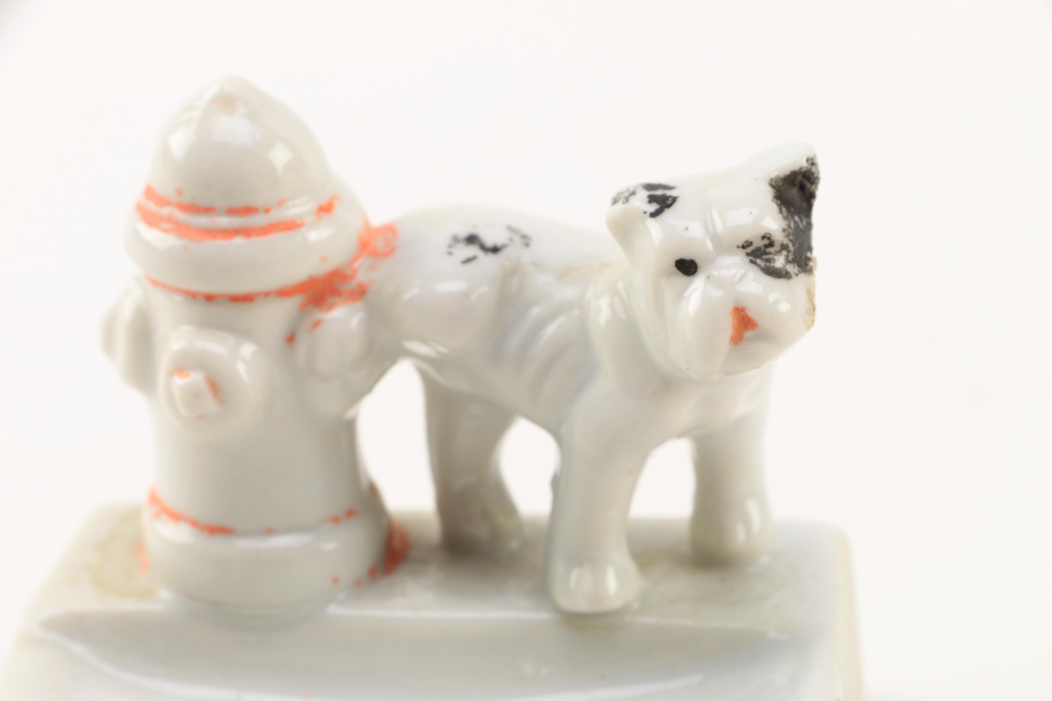 Vintage Ceramic Dog and Fire Hydrant Figurines