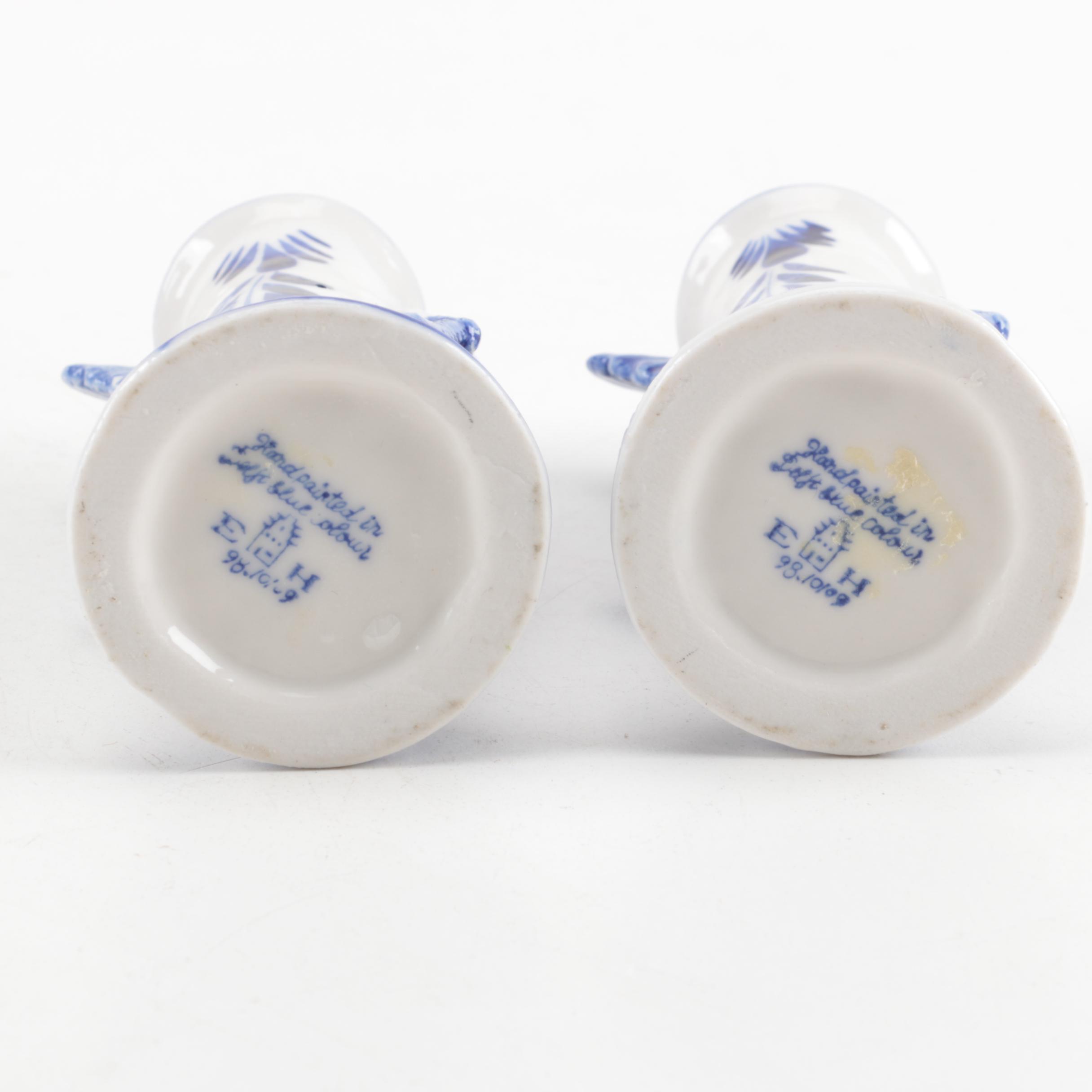 Four White and Blue Ceramic Candle Holders