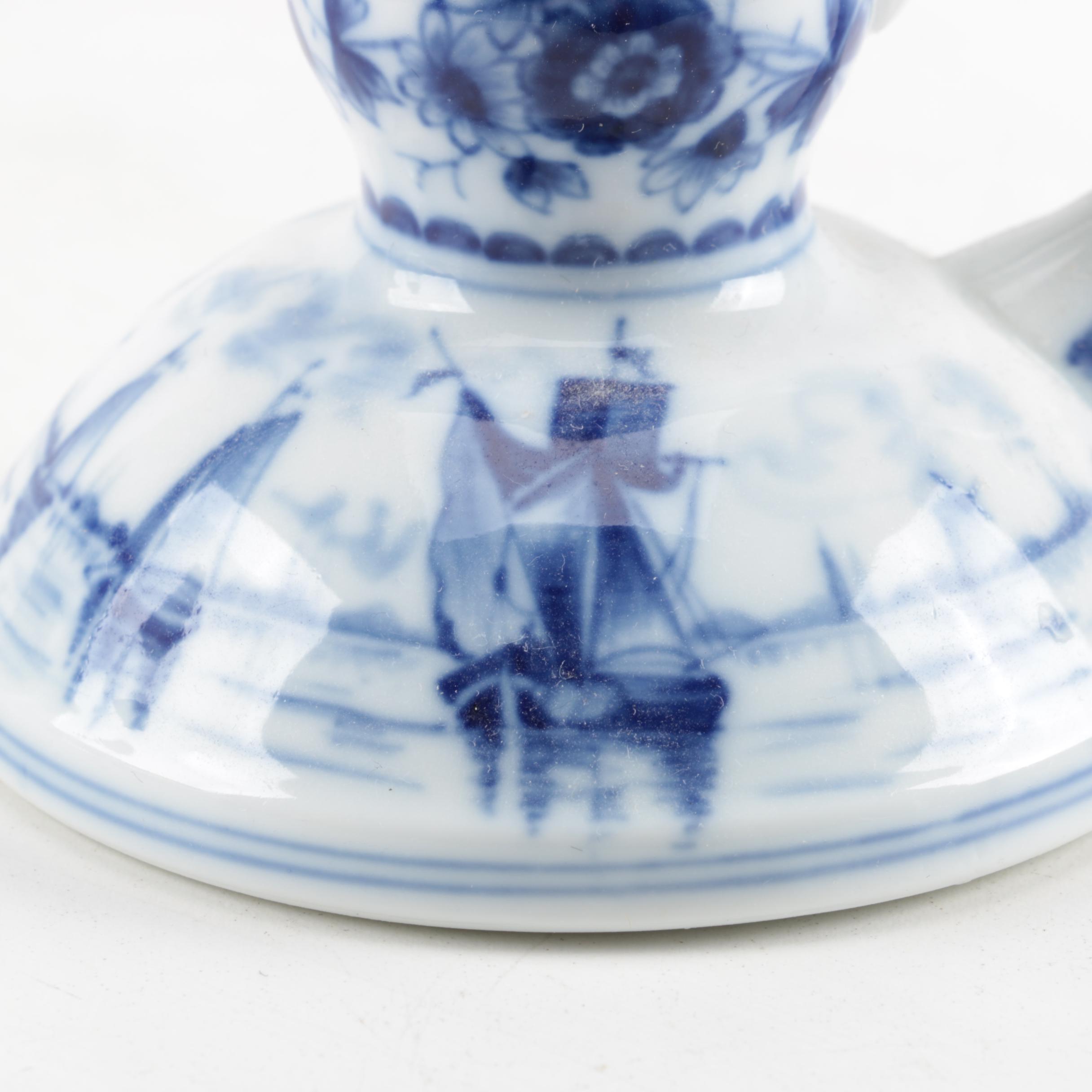 Four White and Blue Ceramic Candle Holders