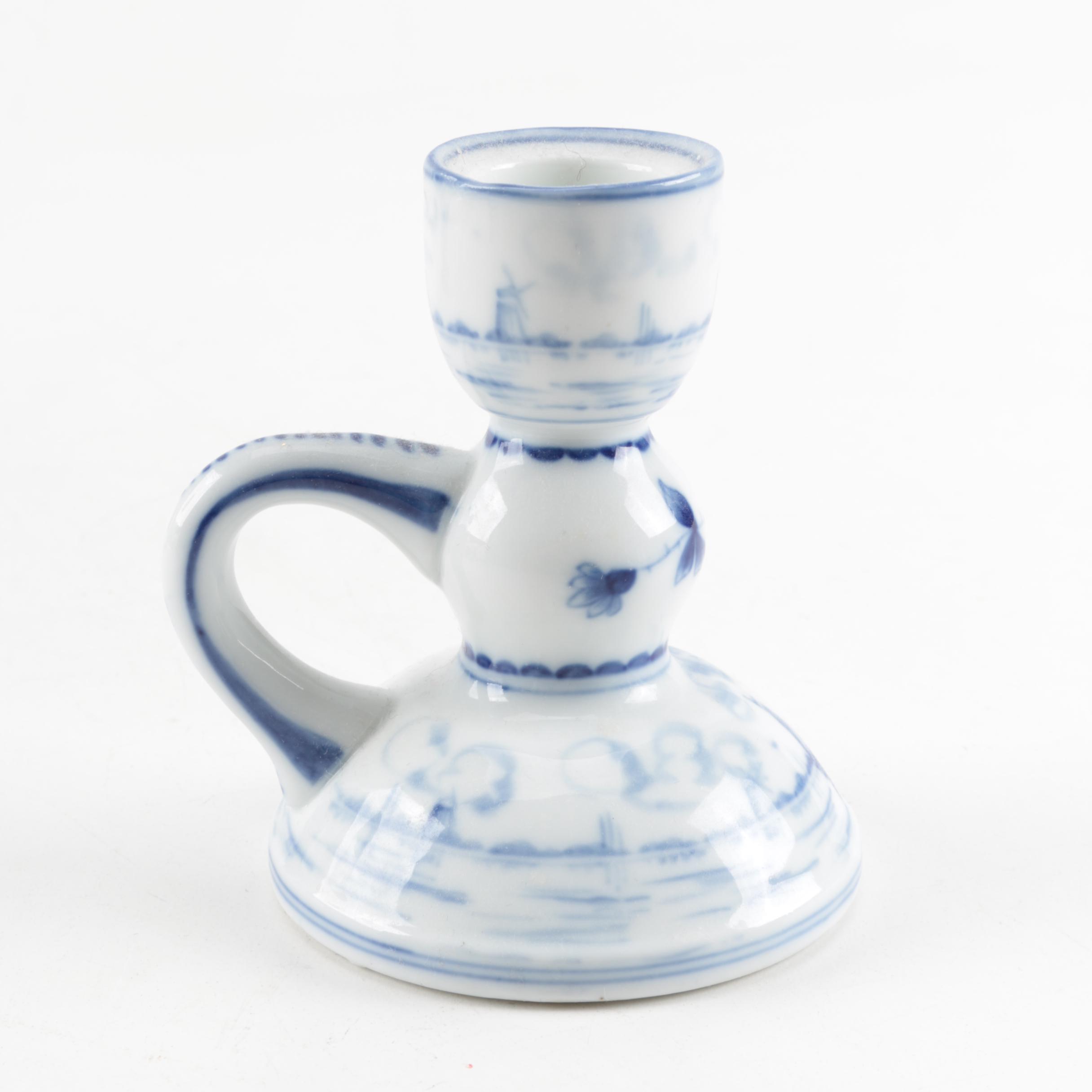 Four White and Blue Ceramic Candle Holders