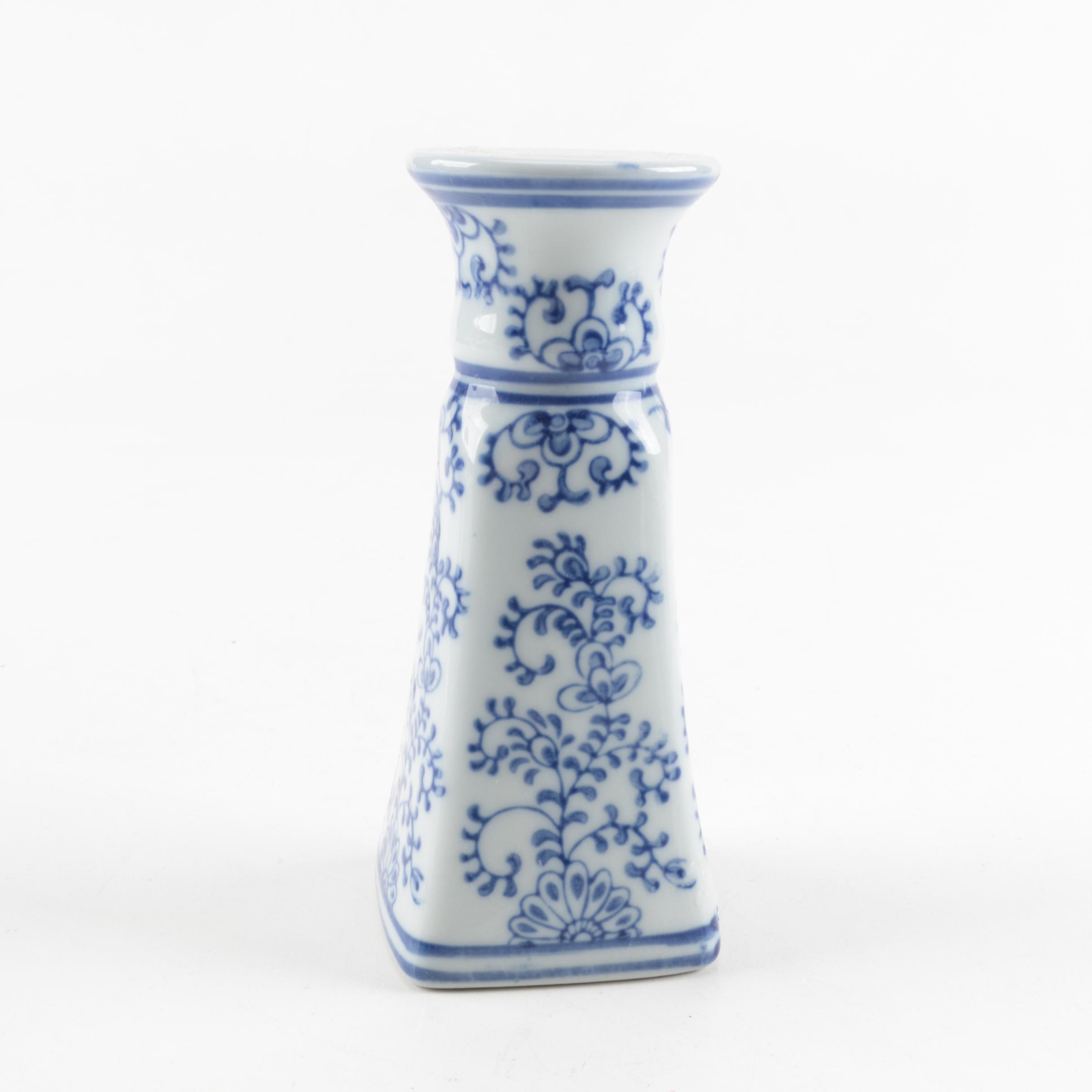 Four White and Blue Ceramic Candle Holders