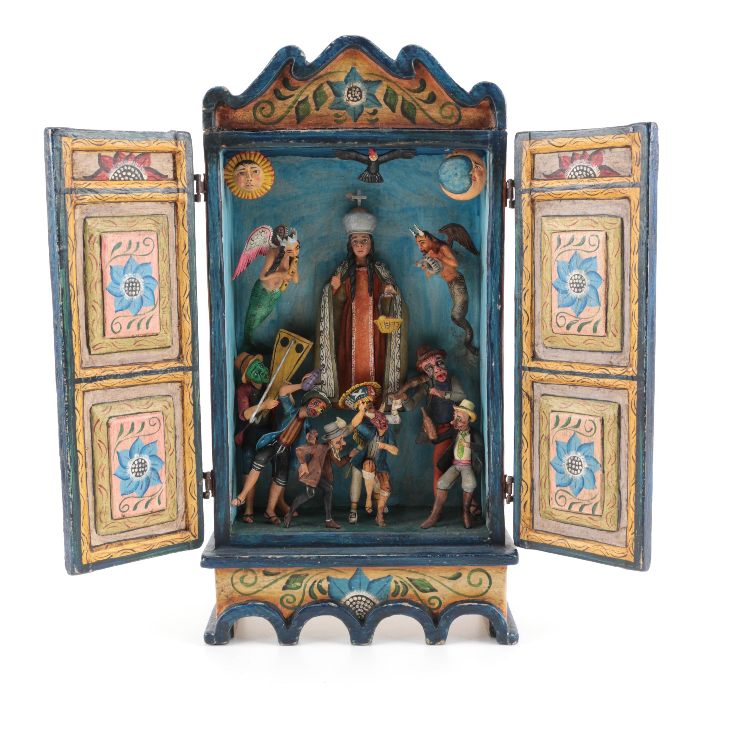 Nicario Jiminez Carved Wood Santos en Nicho With Narrative Figurines