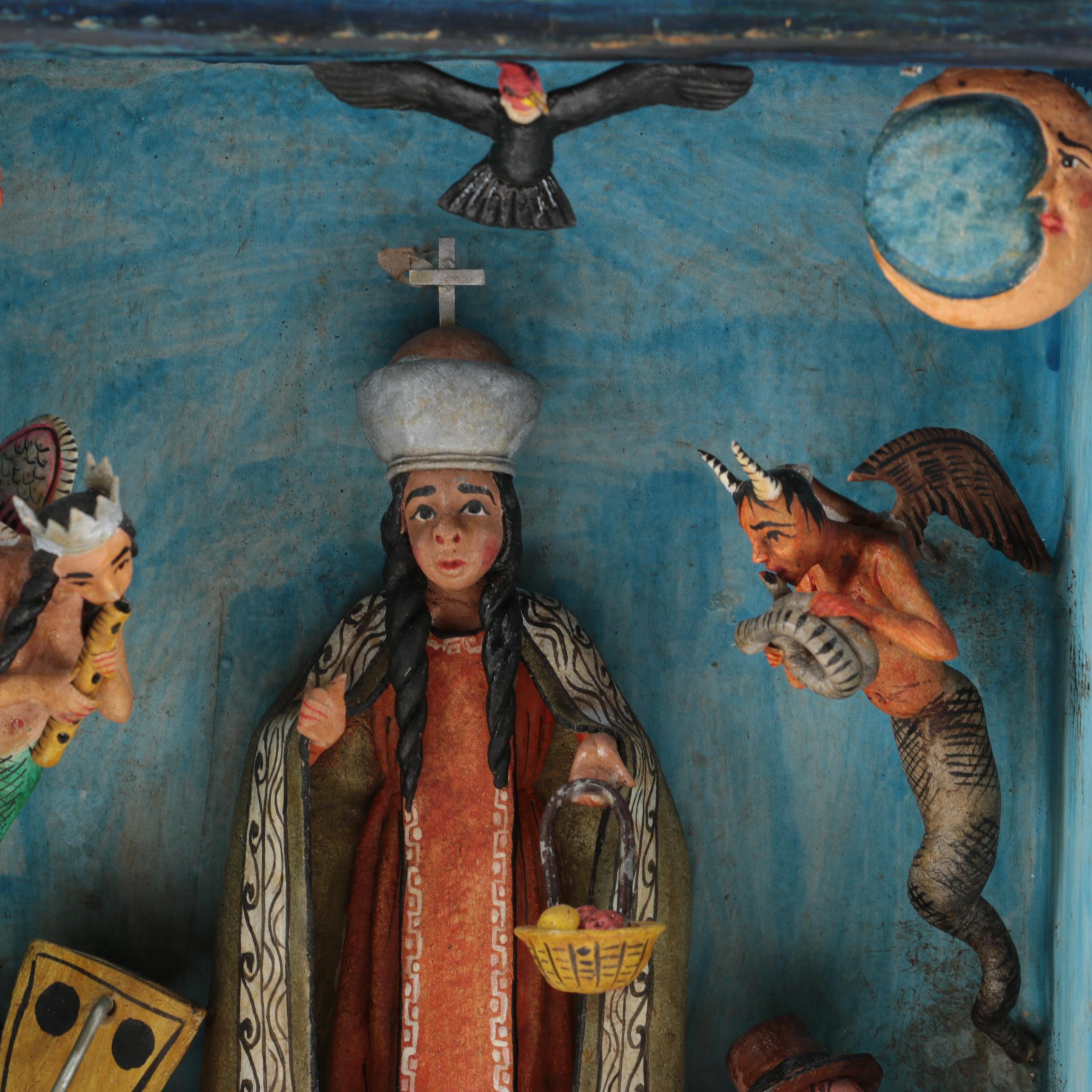 Nicario Jiminez Carved Wood Santos en Nicho With Narrative Figurines