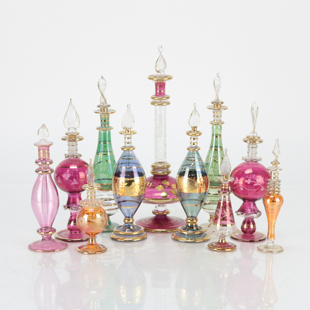 Eleven Colored Glass Perfume Bottles