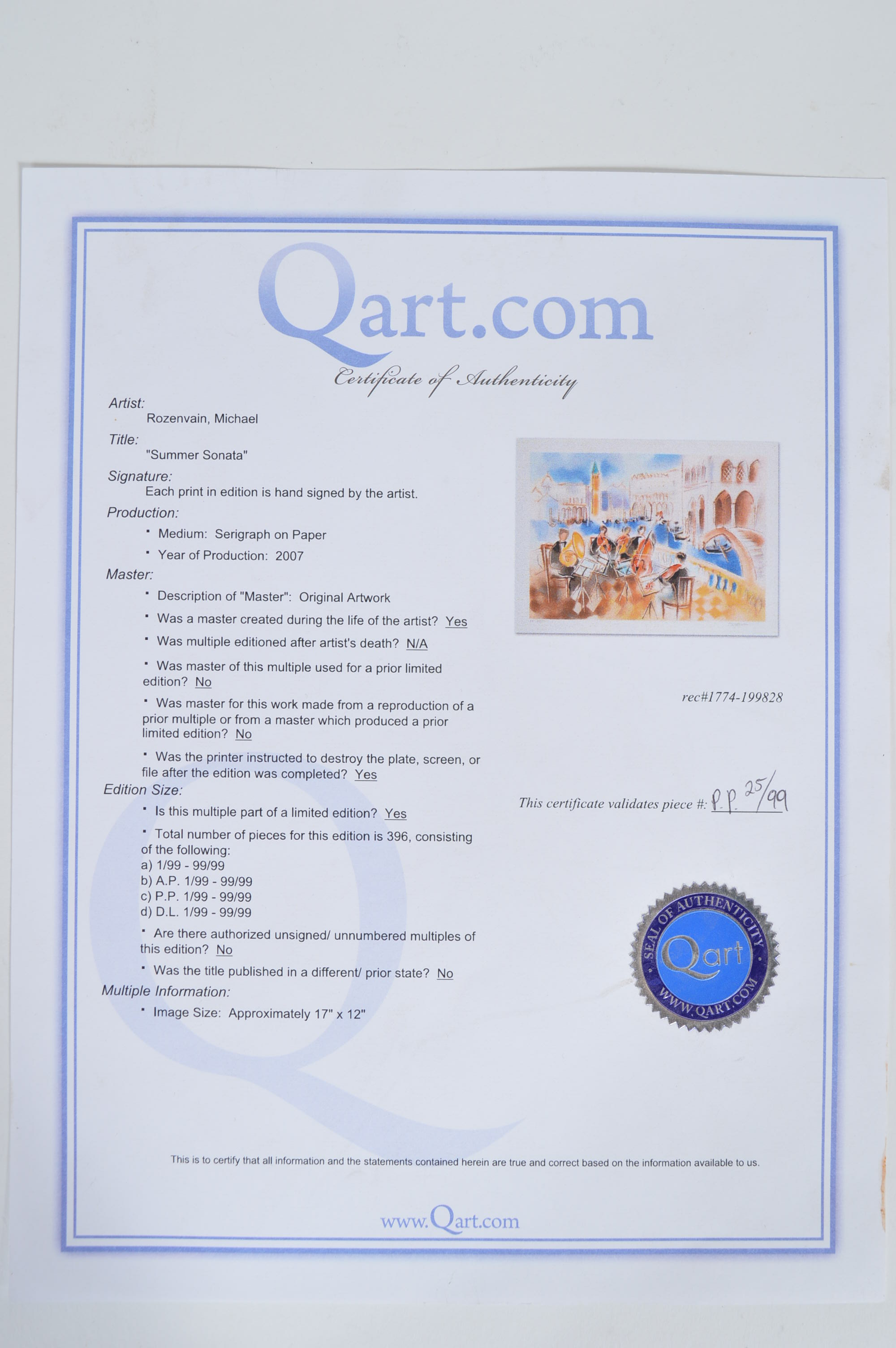 Signed and Numbered Serigraph Print "Summer Sonata" After Michael Rozenvain