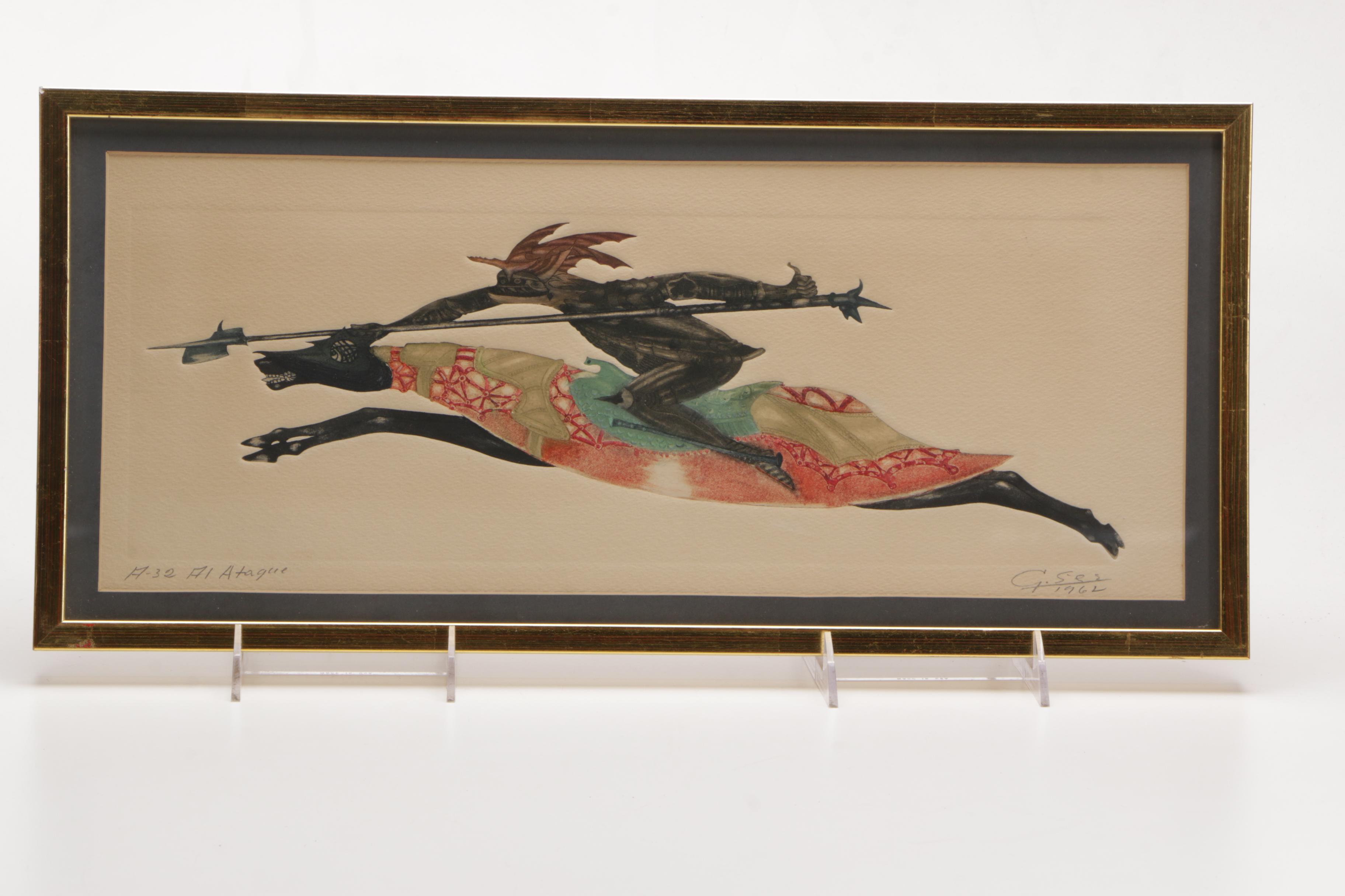 Guillermo Silva Santamaria Set of Two Intaglios on Paper of Jousters on Horseback