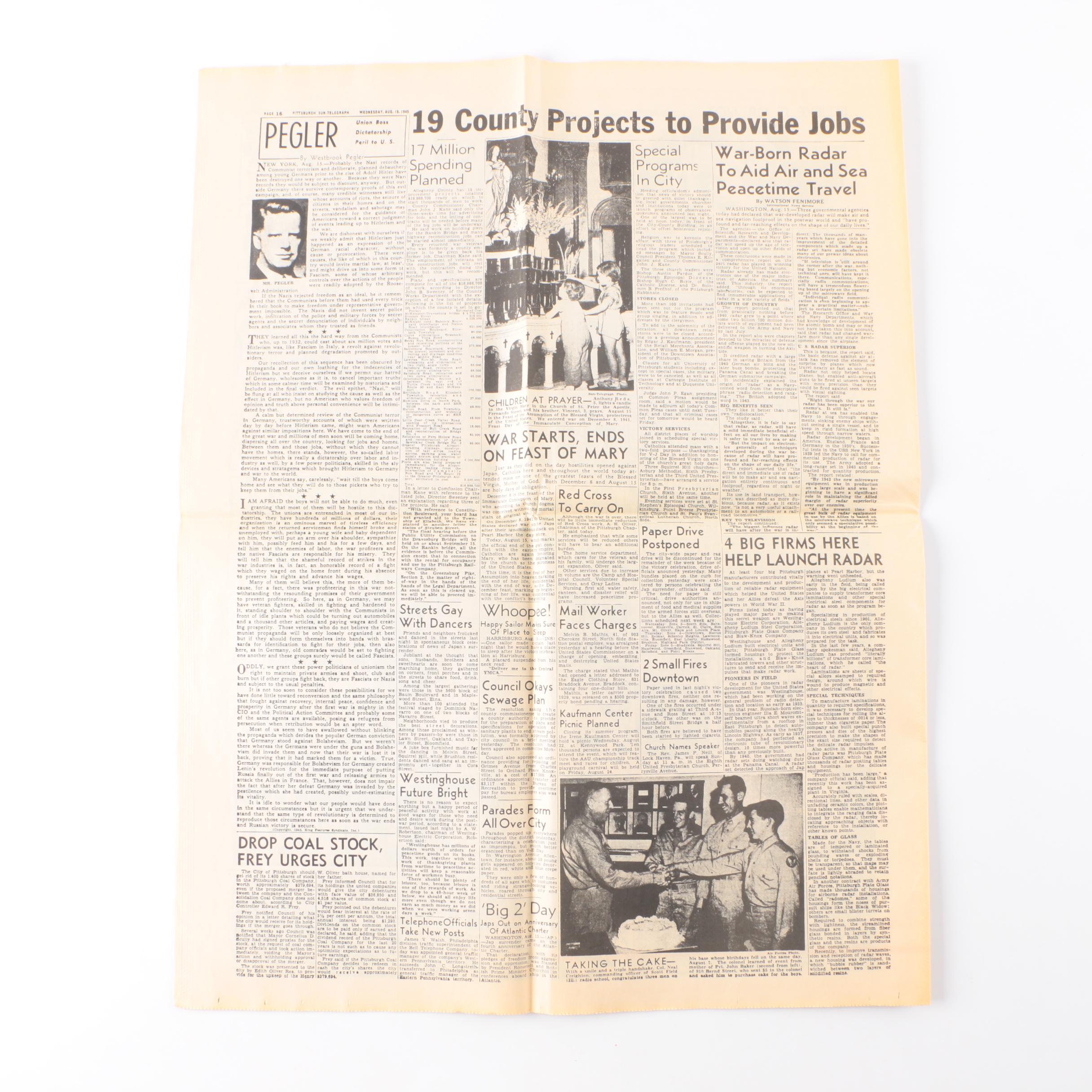 August 15, 1945 "Pittsburgh Sun-Telegraph" Newspaper