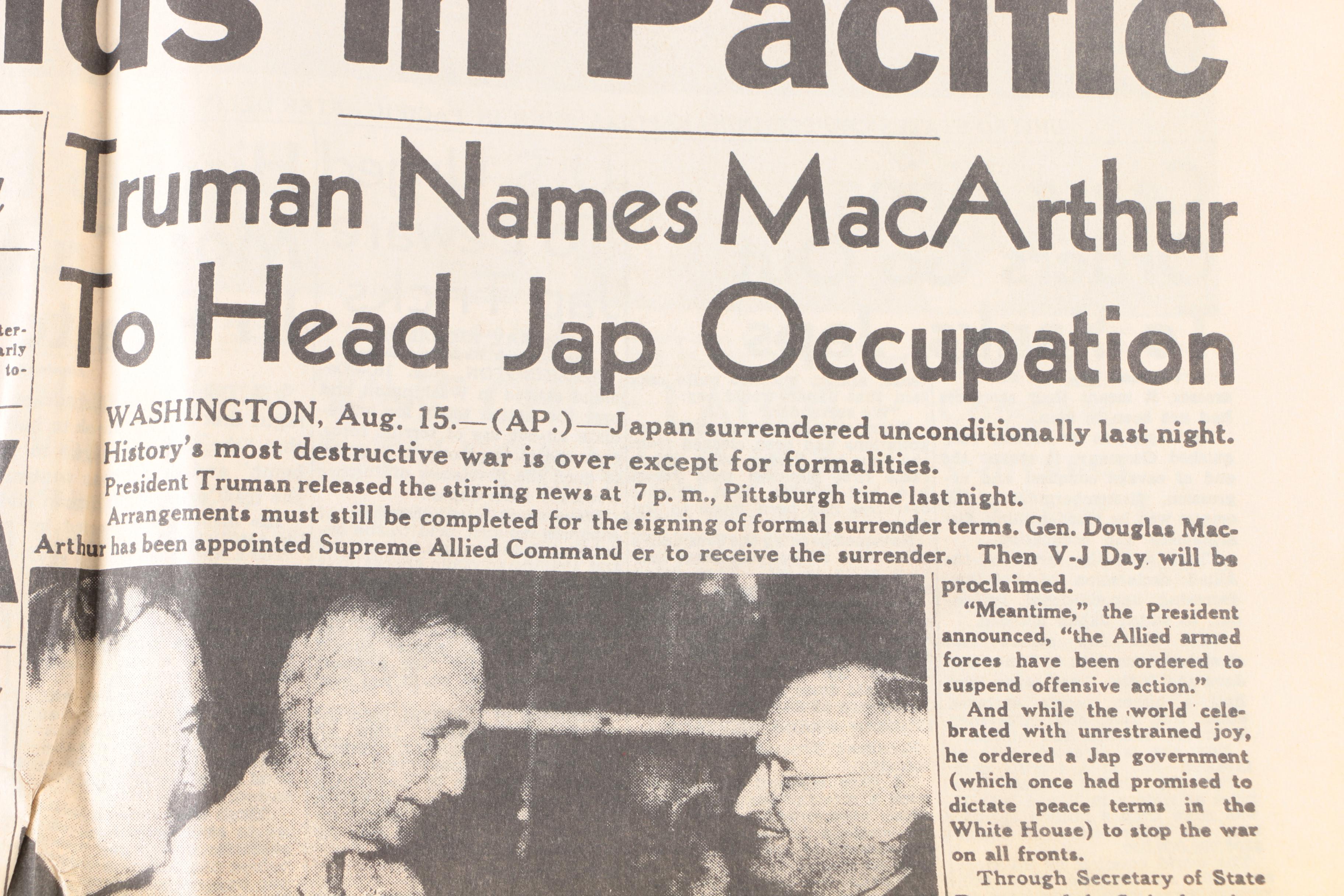 August 15, 1945 "Pittsburgh Sun-Telegraph" Newspaper