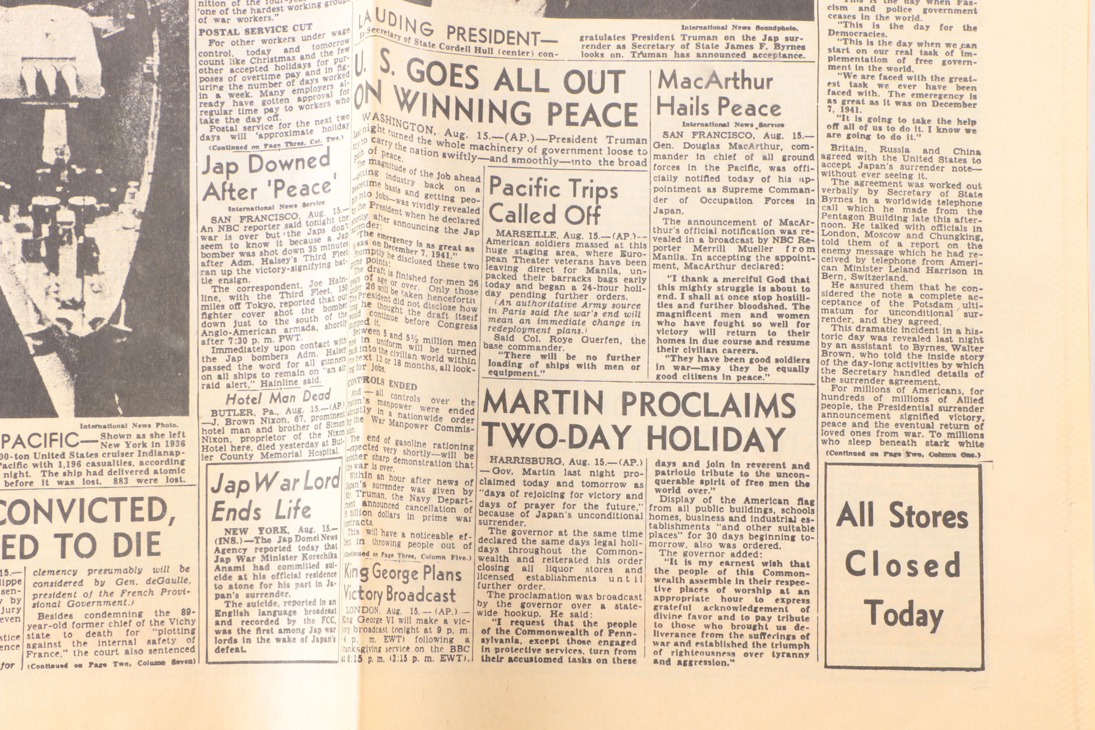 August 15, 1945 "Pittsburgh Sun-Telegraph" Newspaper