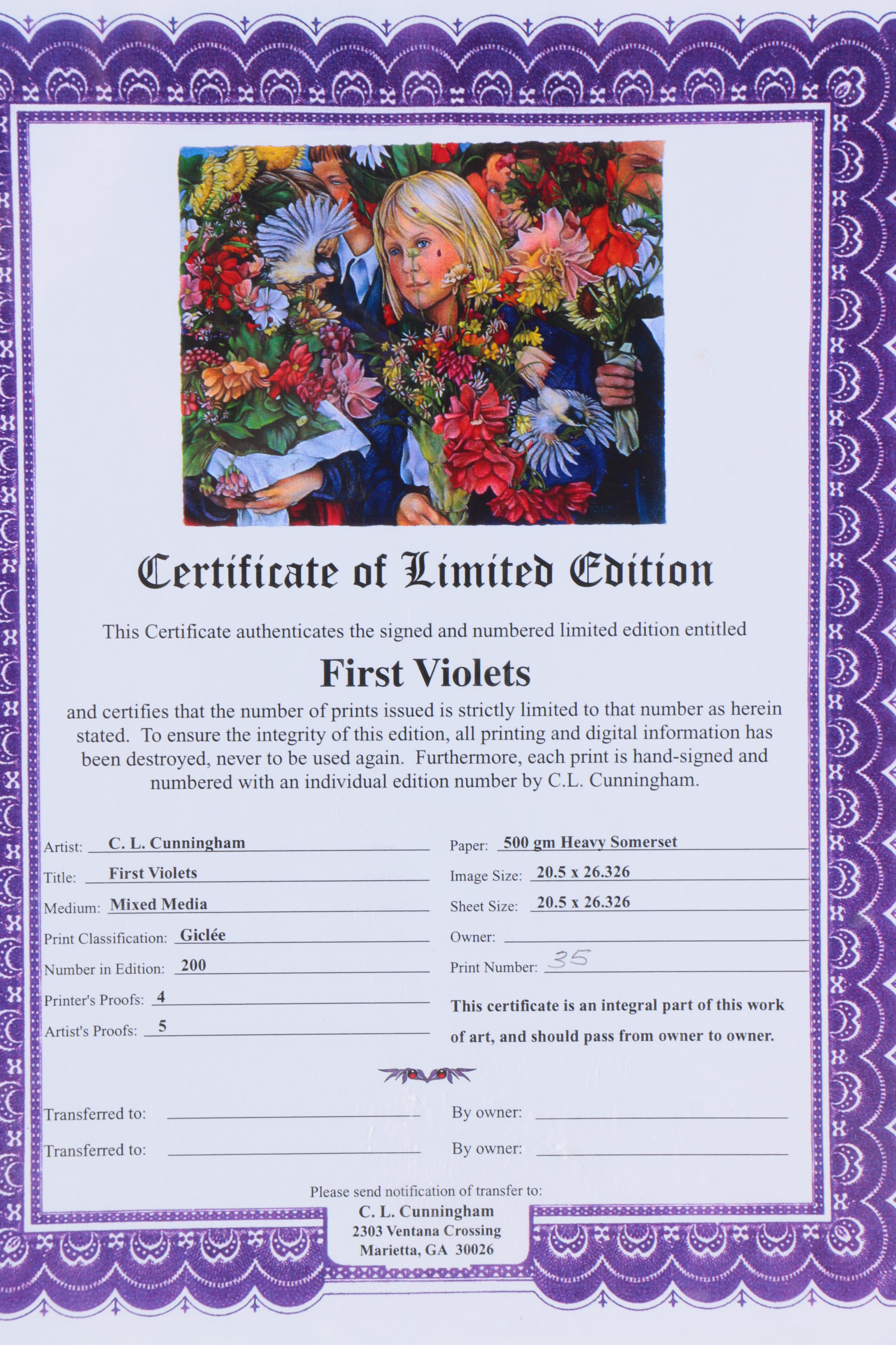 C.L. Cunningham Signed Limited Edition Giclee on Somerset "First Violets"