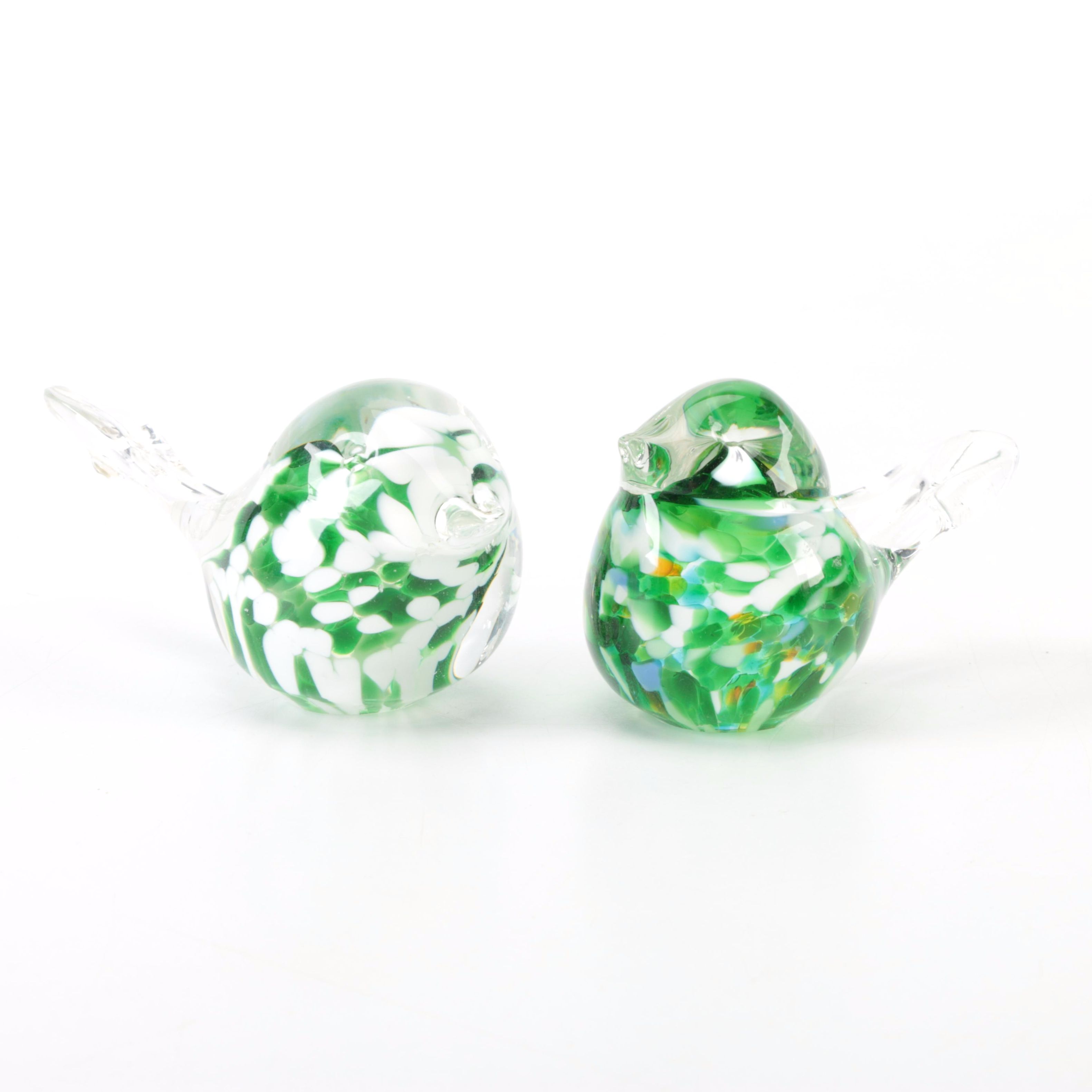 Green and White Hand Blown Glass Birds