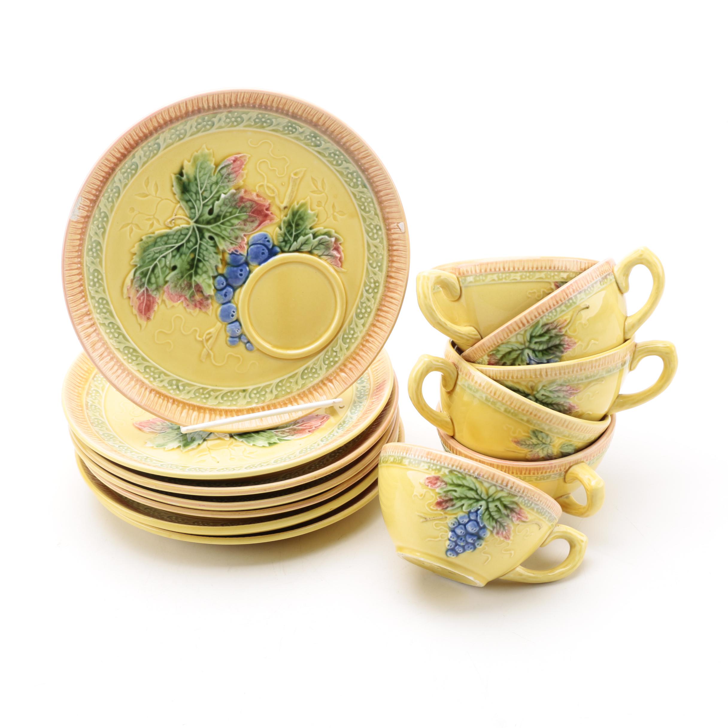 German Majolica Black Forest Art Pottery Luncheon Plates and Cups