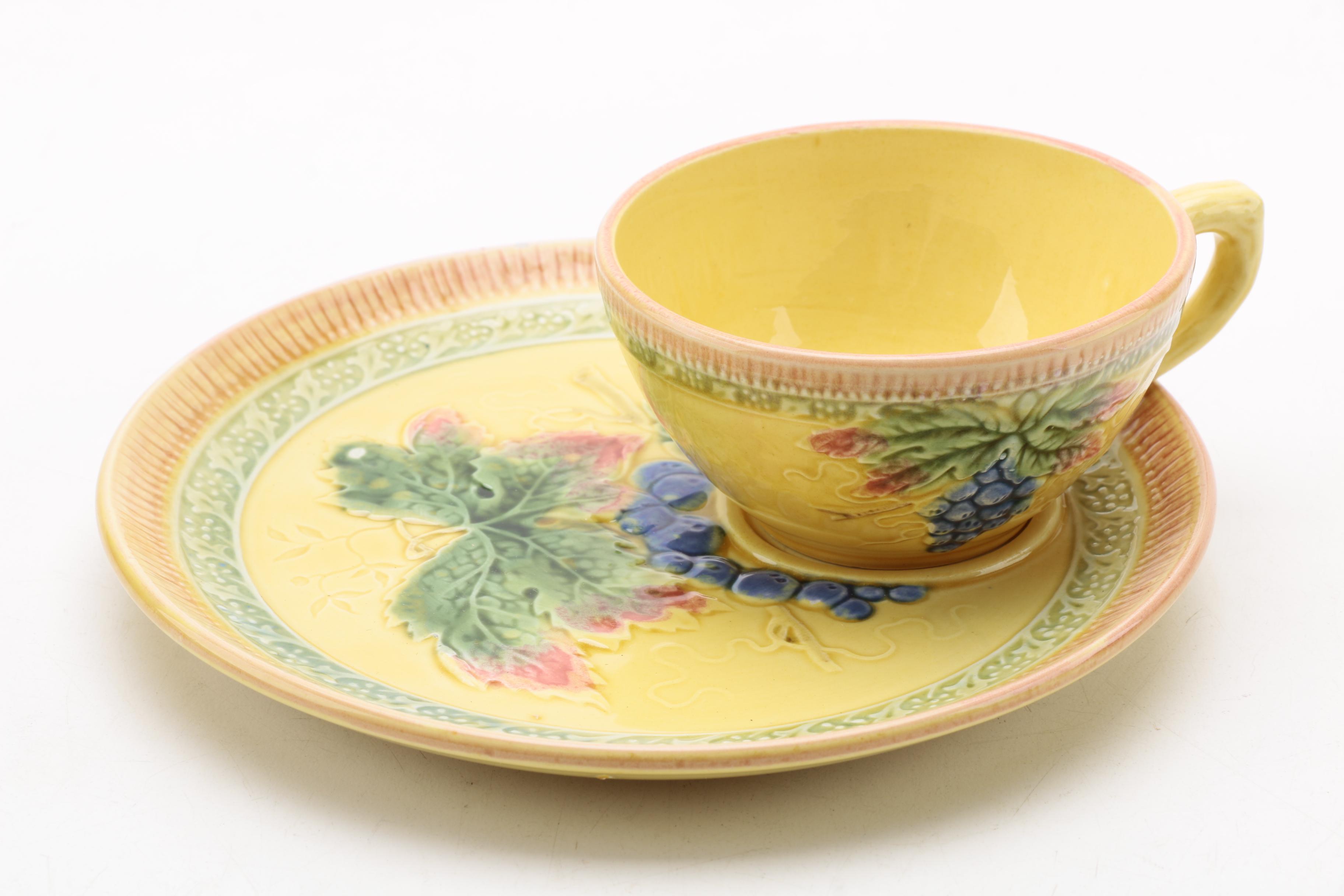 German Majolica Black Forest Art Pottery Luncheon Plates and Cups