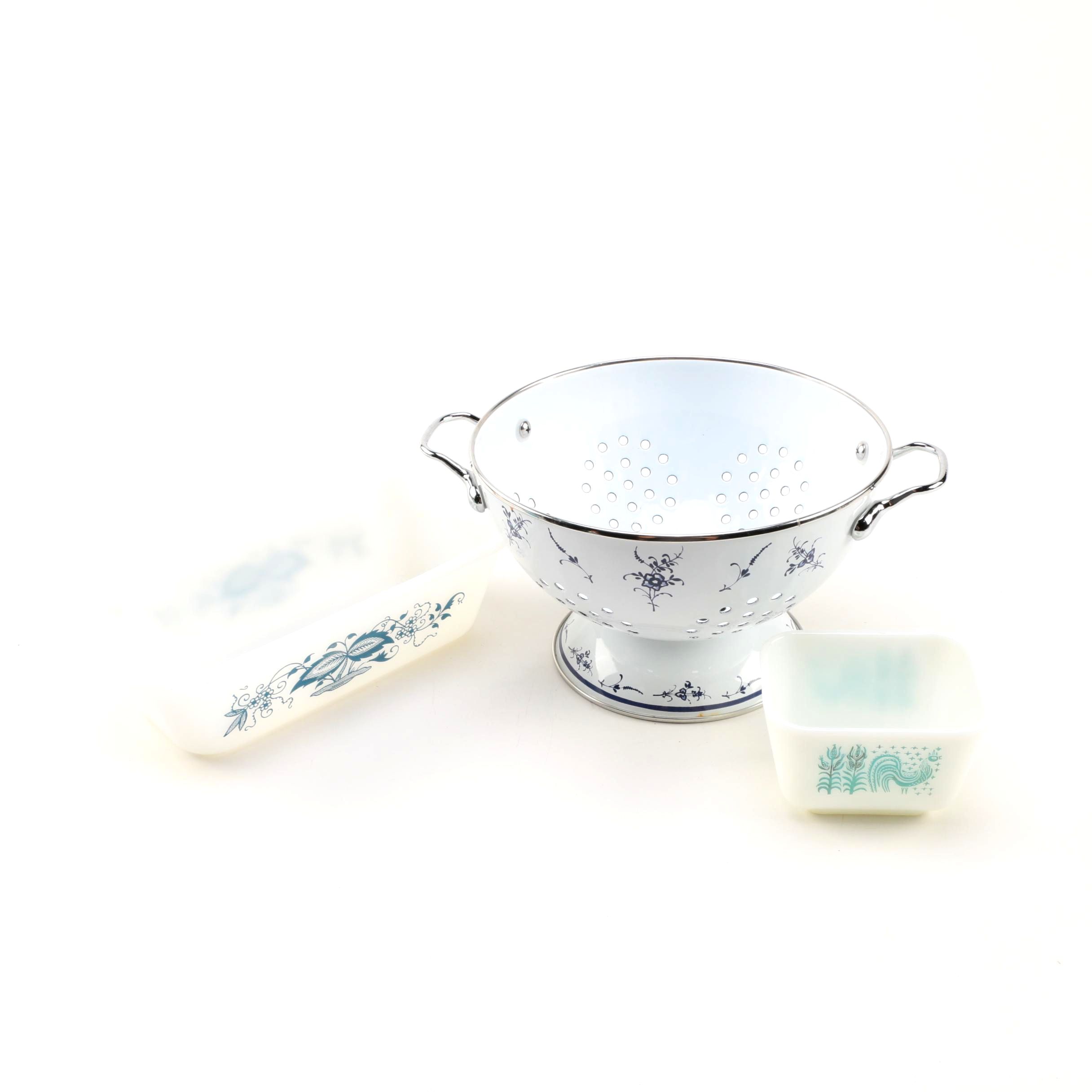 Villeroy & Boch Metal Colander and Milk Glass Refrigerator Dishes