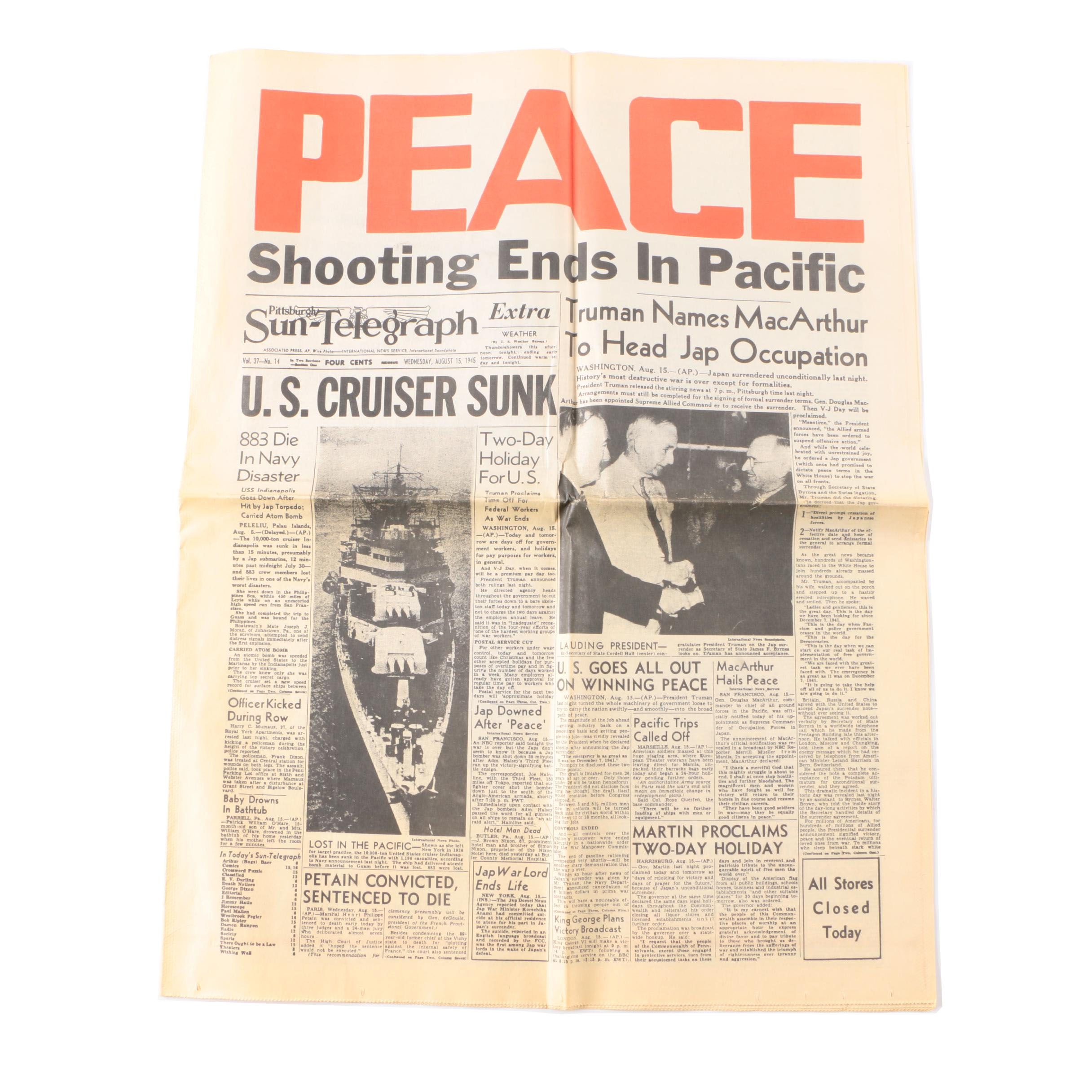 August 15, 1945 "Pittsburgh Sun-Telegraph" Newspaper
