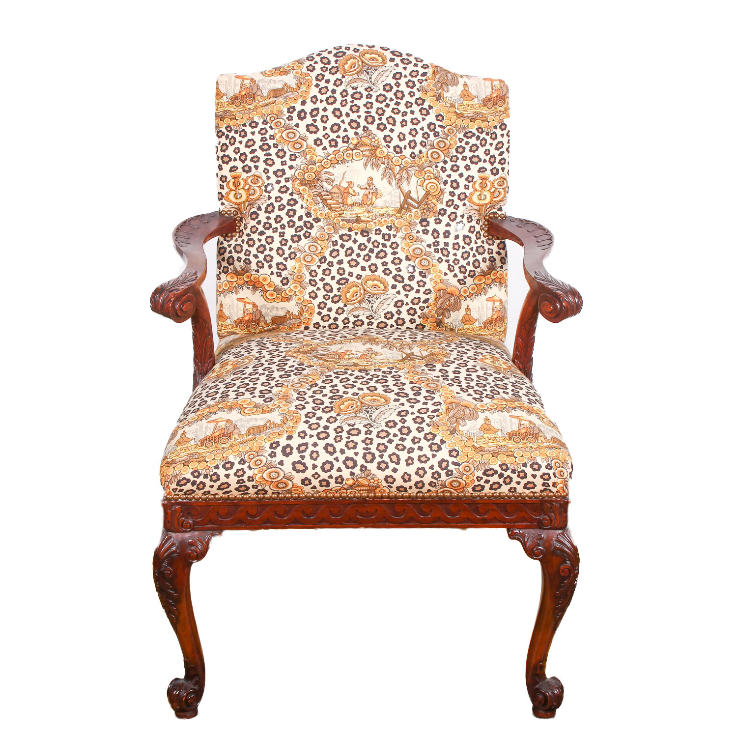 Vintage Asian Inspired Arm Chair with Decorative Carving