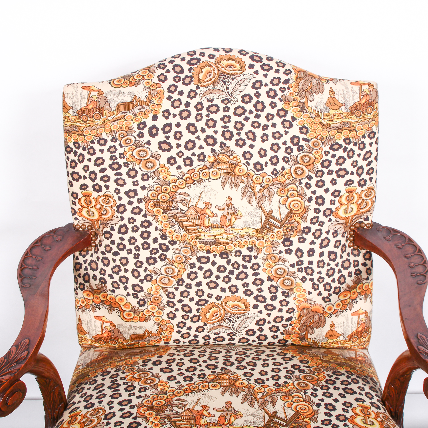 Vintage Asian Inspired Arm Chair with Decorative Carving