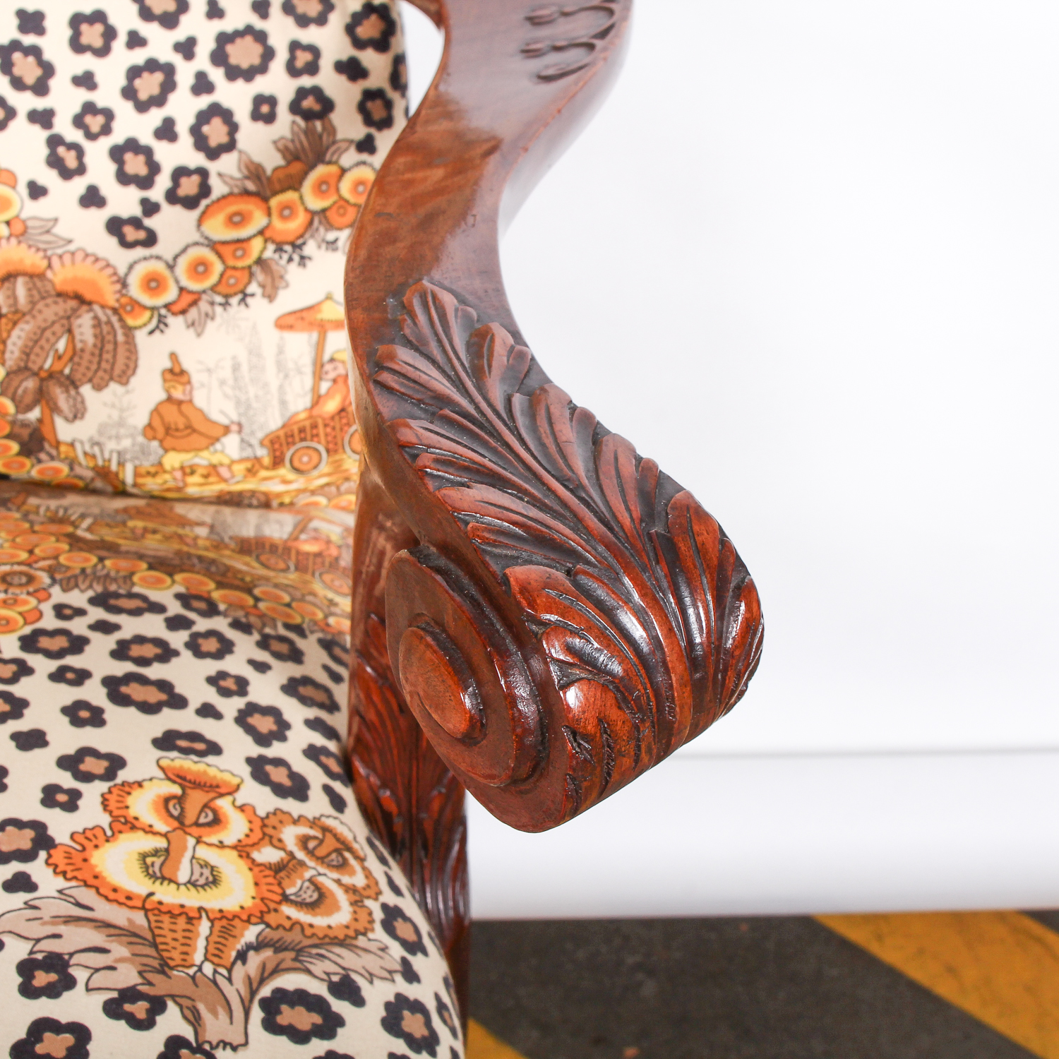 Vintage Asian Inspired Arm Chair with Decorative Carving