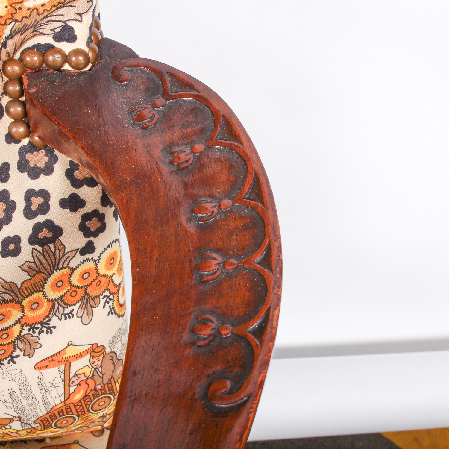 Vintage Asian Inspired Arm Chair with Decorative Carving