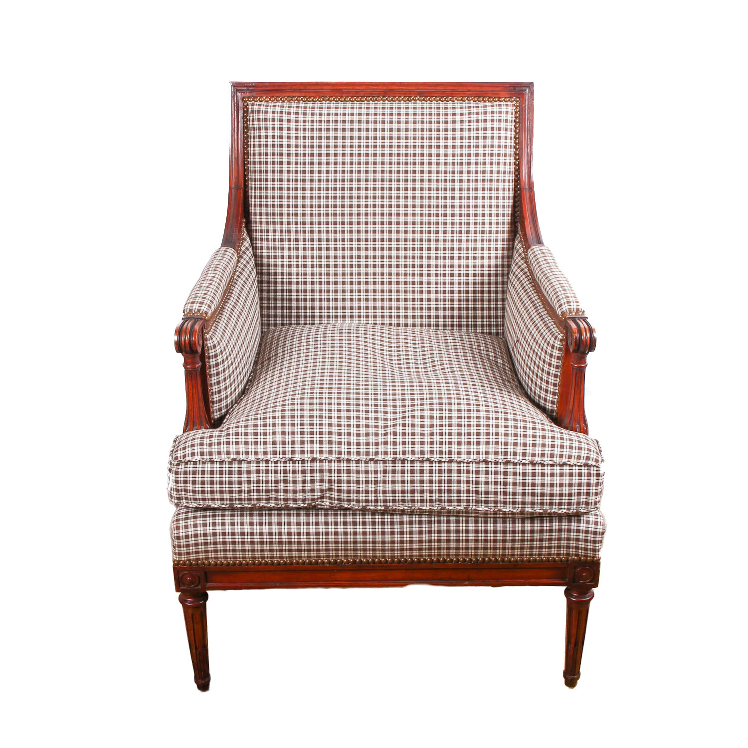 Vintage Brown Plaid Arm Chair with Rivet Detailing