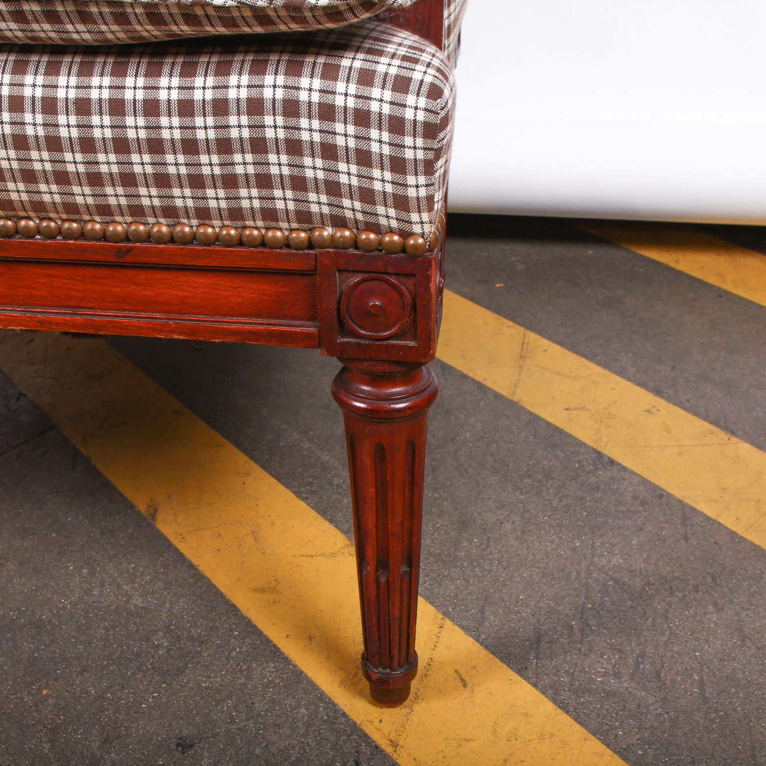 Vintage Brown Plaid Arm Chair with Rivet Detailing