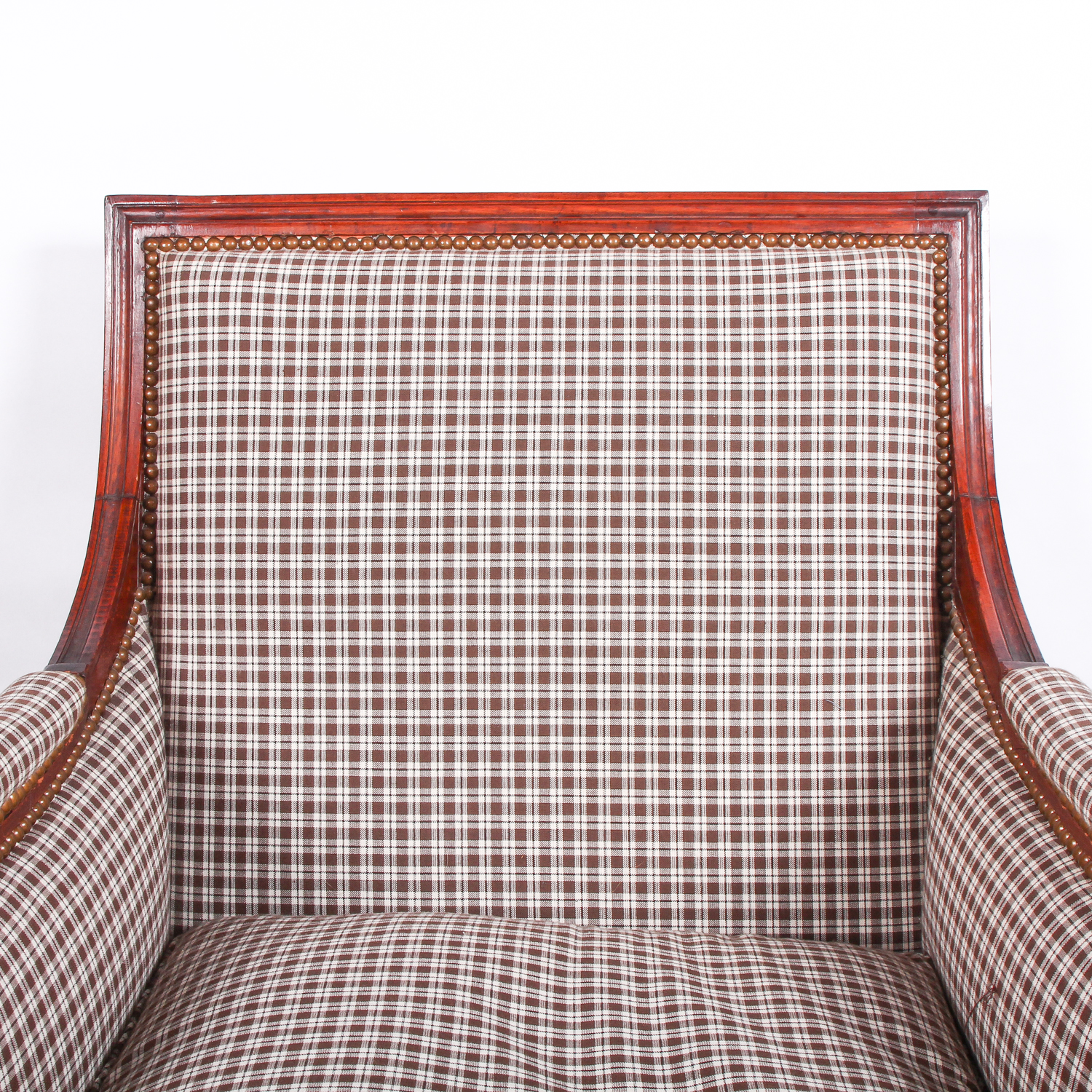 Vintage Brown Plaid Arm Chair with Rivet Detailing