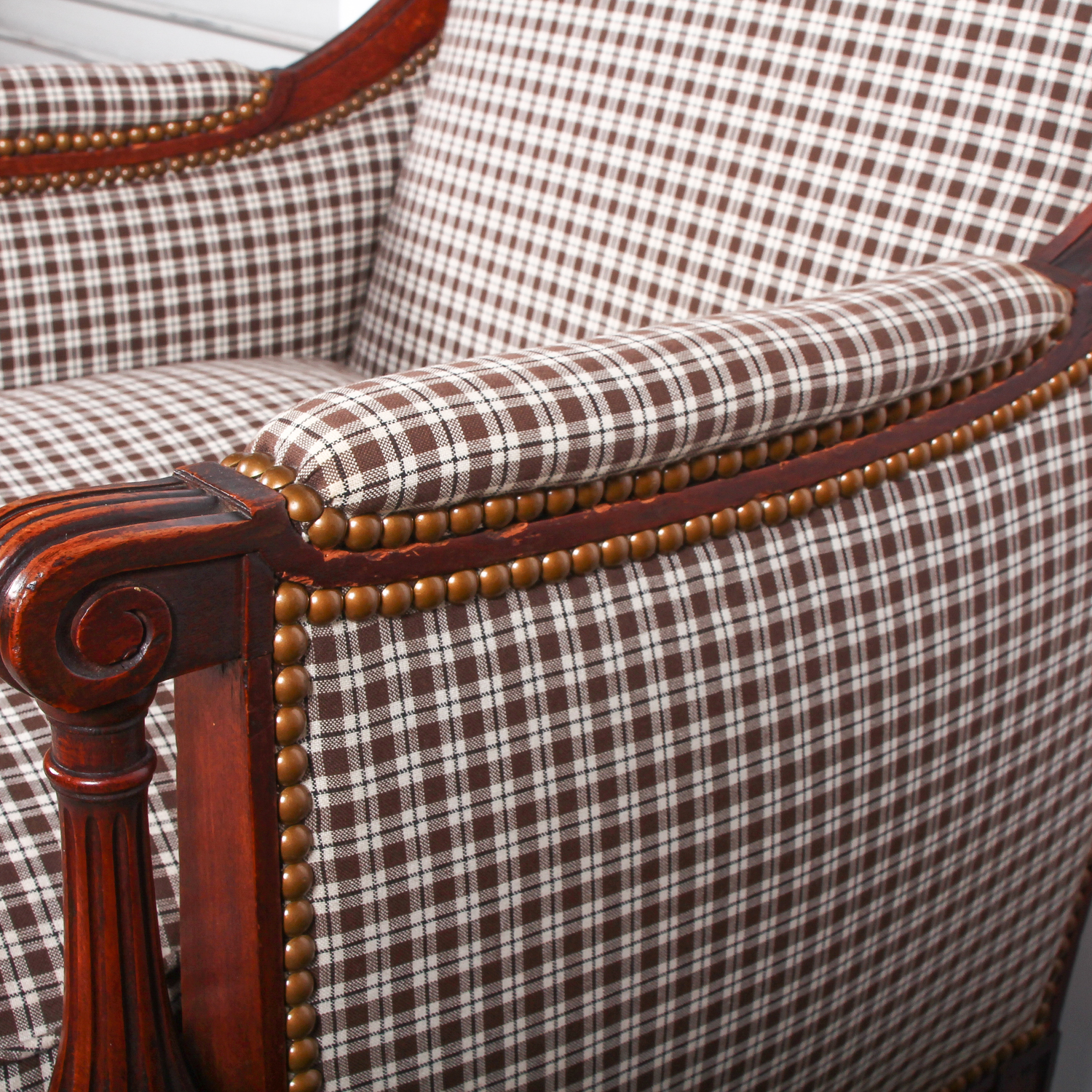 Vintage Brown Plaid Arm Chair with Rivet Detailing