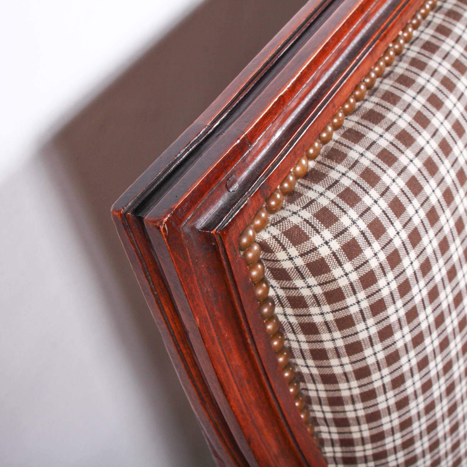 Vintage Brown Plaid Arm Chair with Rivet Detailing