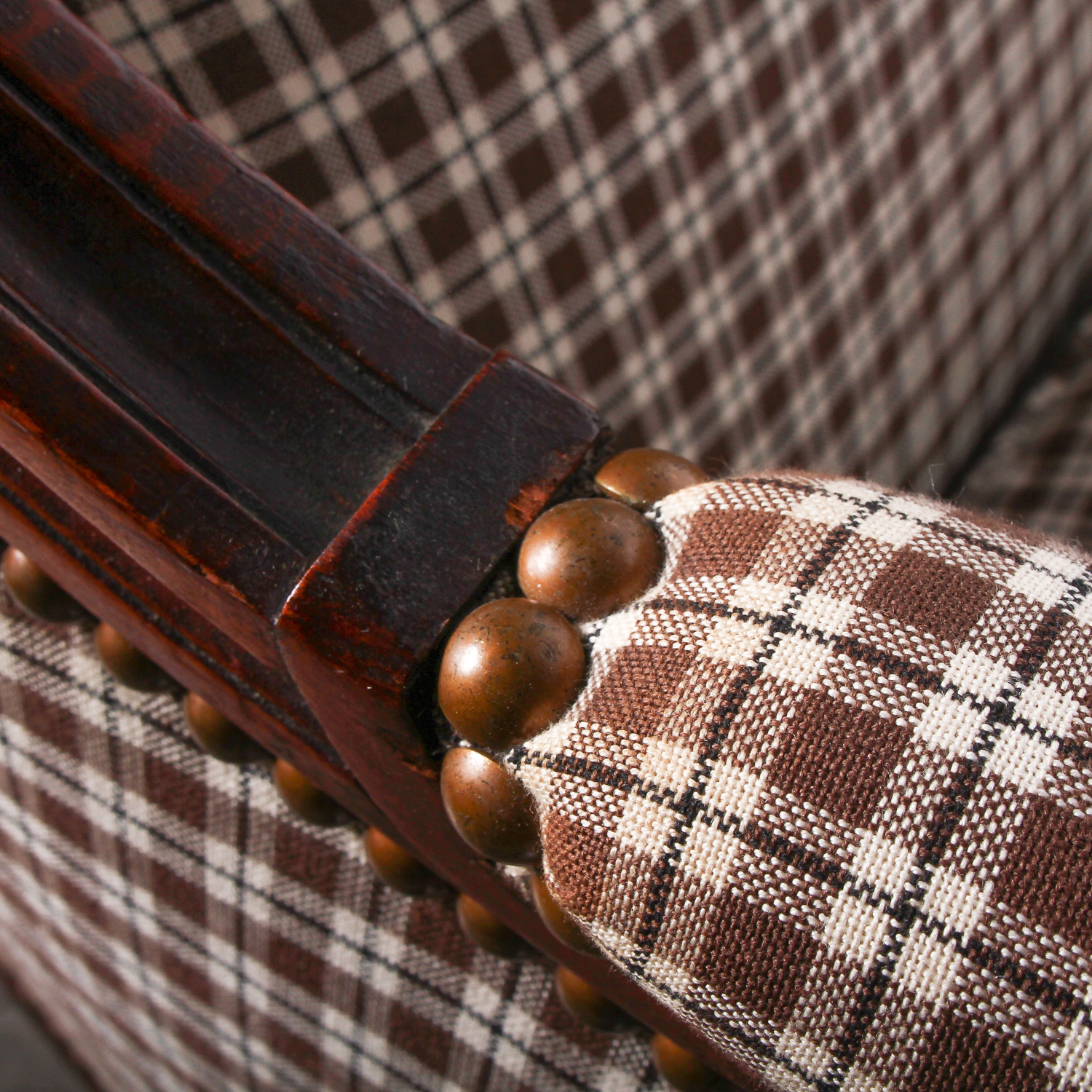 Vintage Brown Plaid Arm Chair with Rivet Detailing