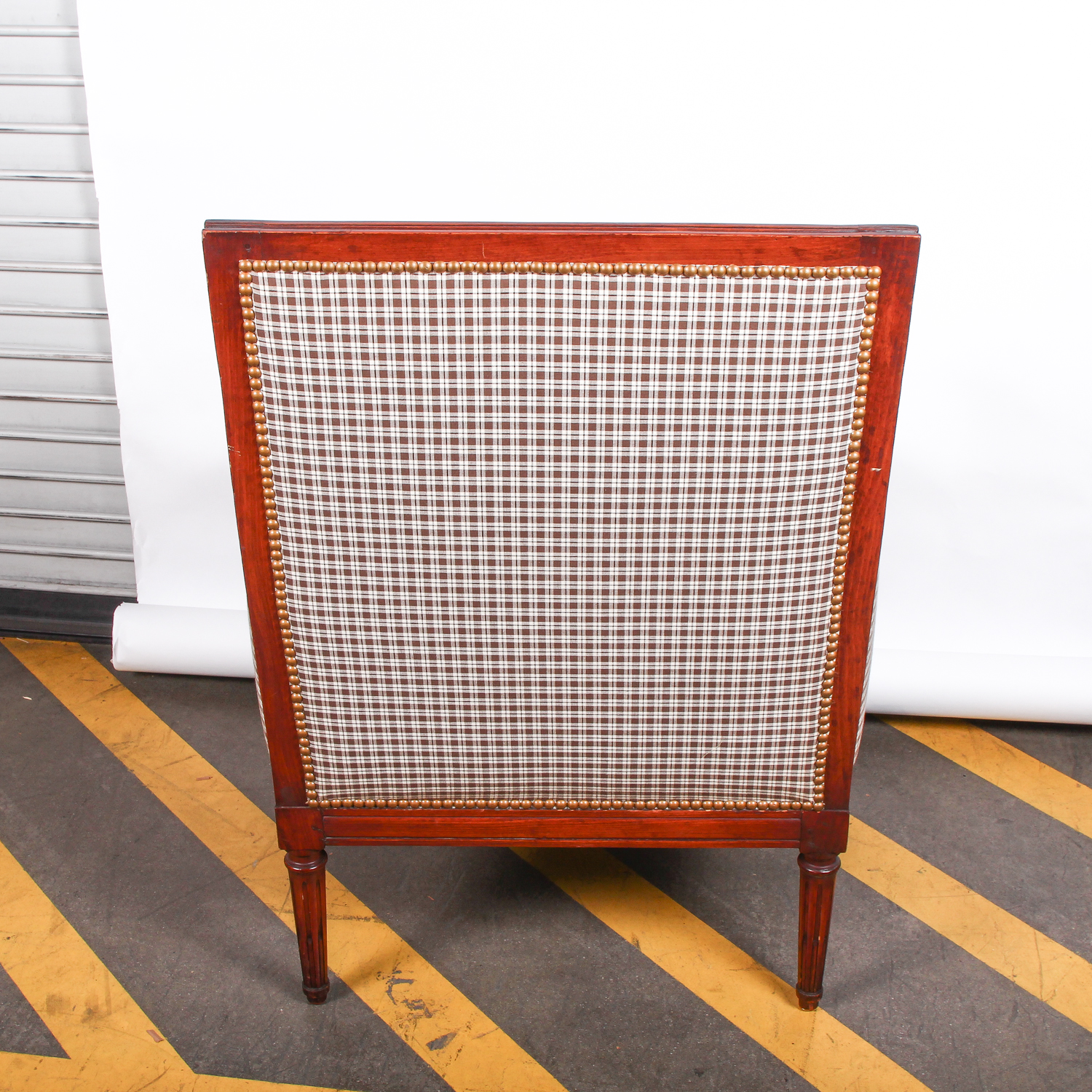 Vintage Brown Plaid Arm Chair with Rivet Detailing