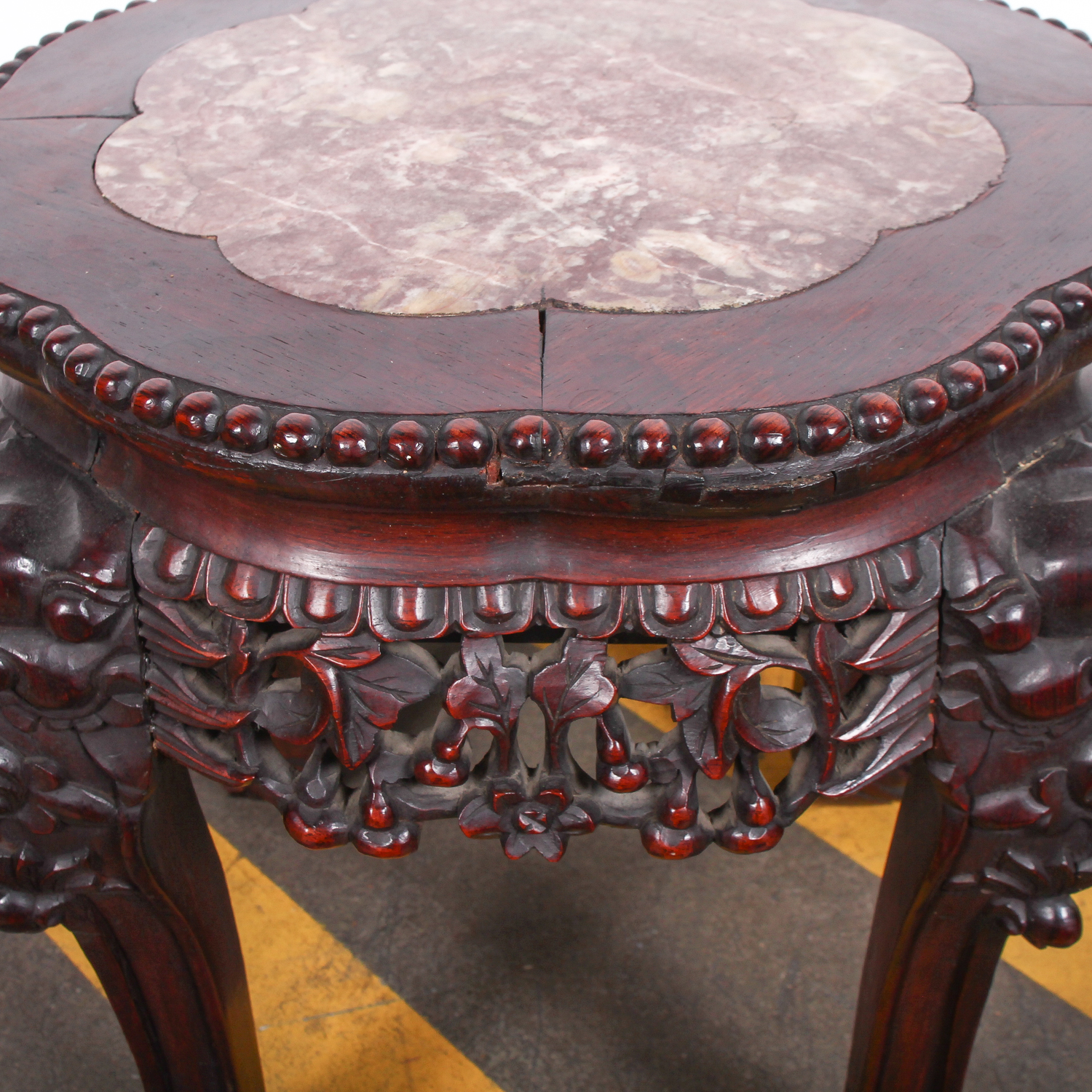 Vintage Chinese Inspired Carved Hardwood Stand with Marble Top
