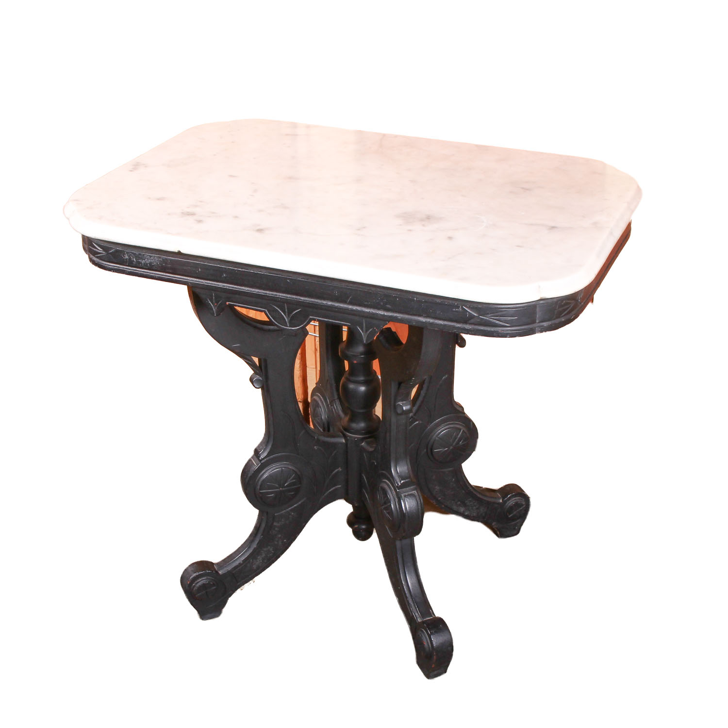 Vintage White Marble Top Table with Black Scroll Detail Wooden Base