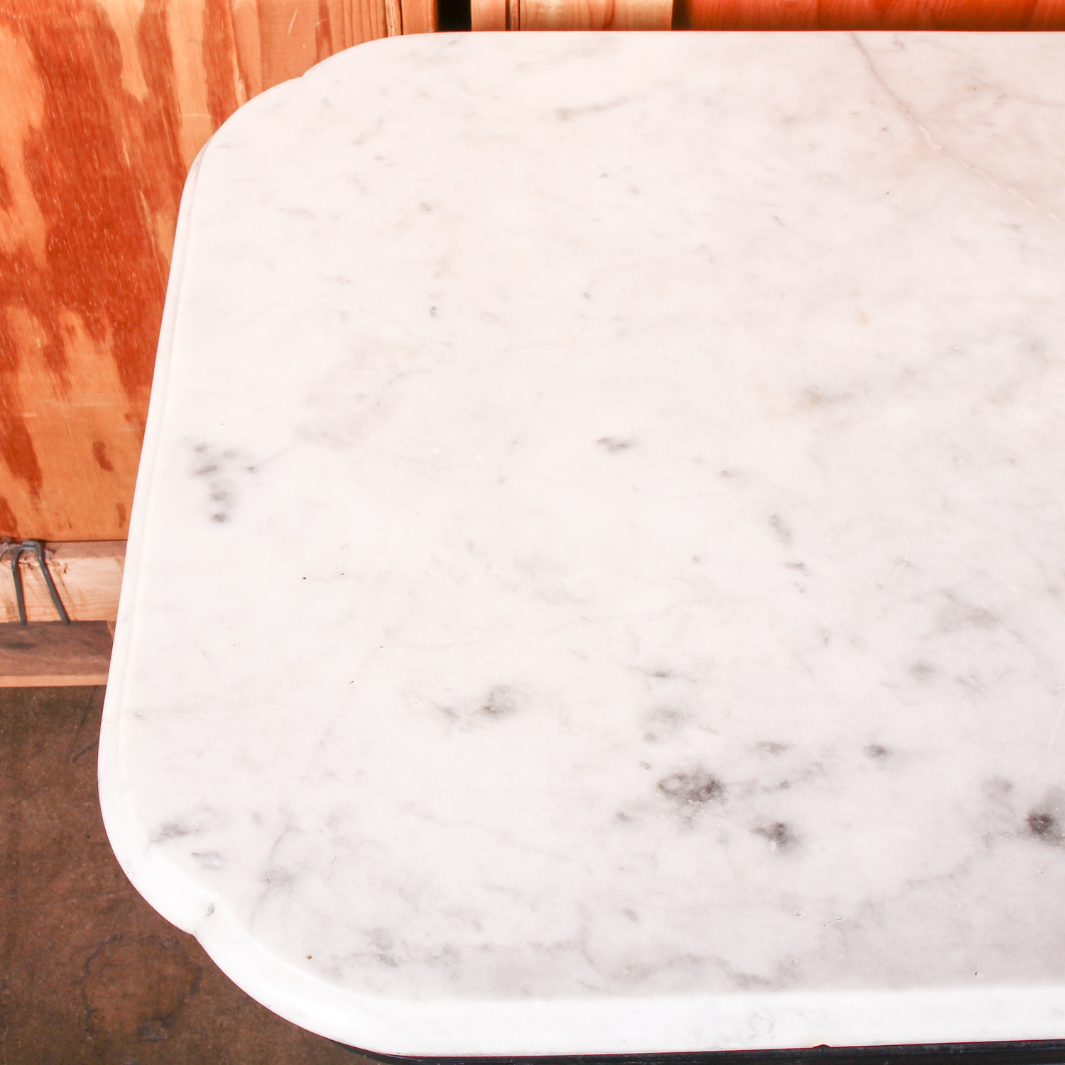 Vintage White Marble Top Table with Black Scroll Detail Wooden Base