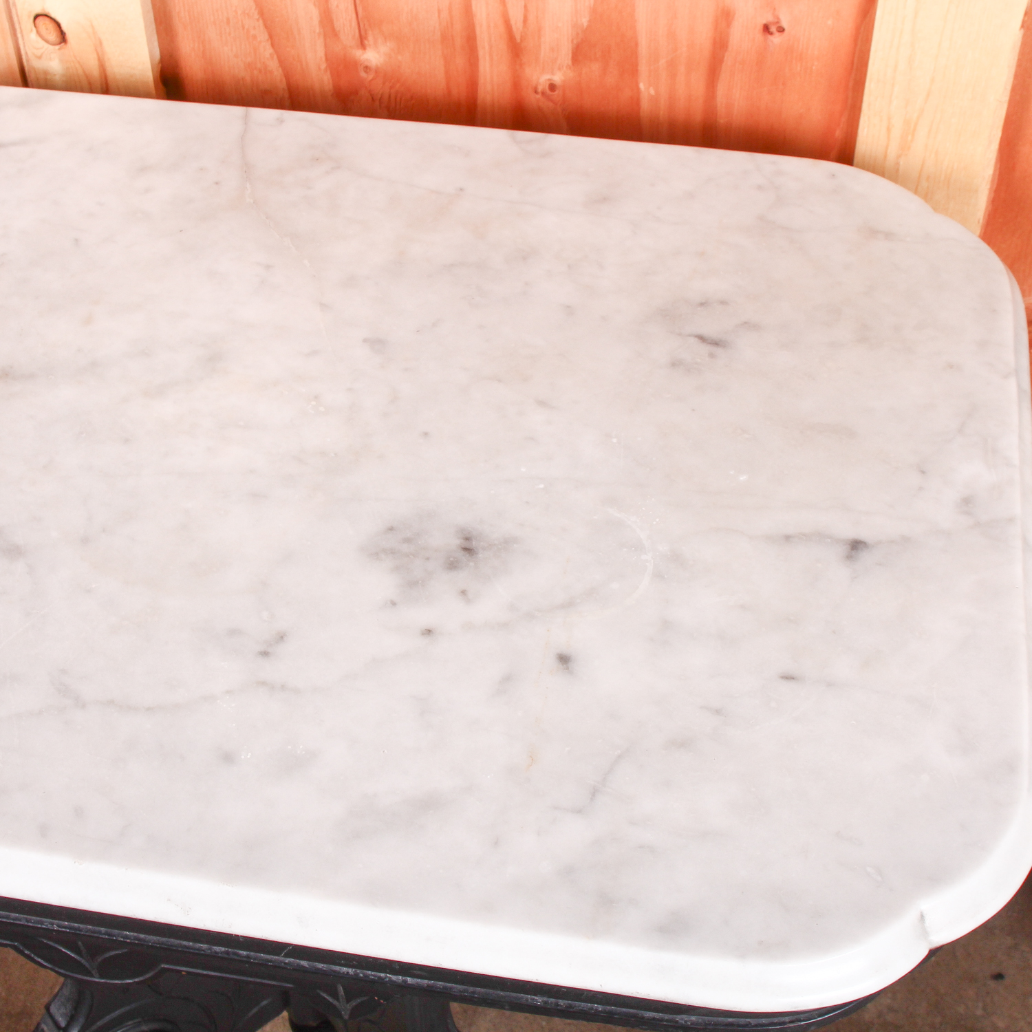 Vintage White Marble Top Table with Black Scroll Detail Wooden Base