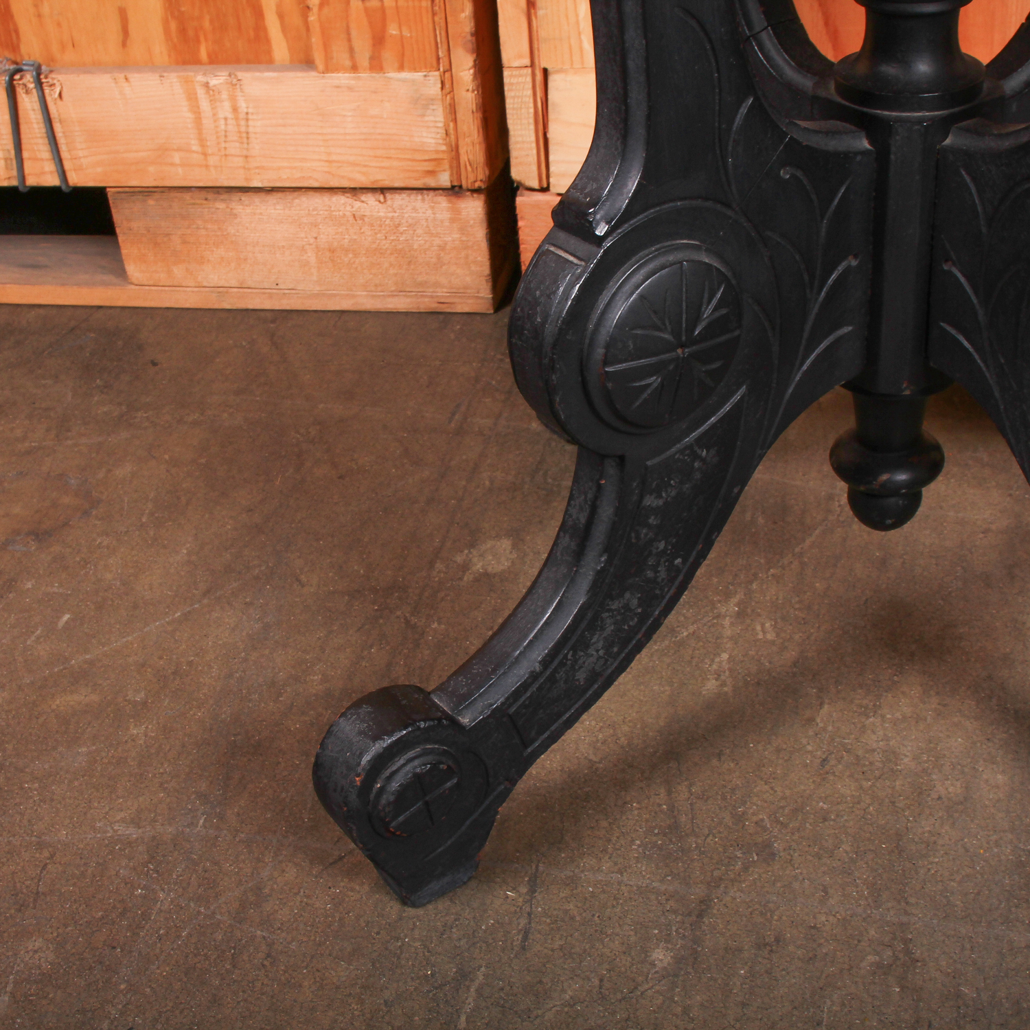 Vintage White Marble Top Table with Black Scroll Detail Wooden Base
