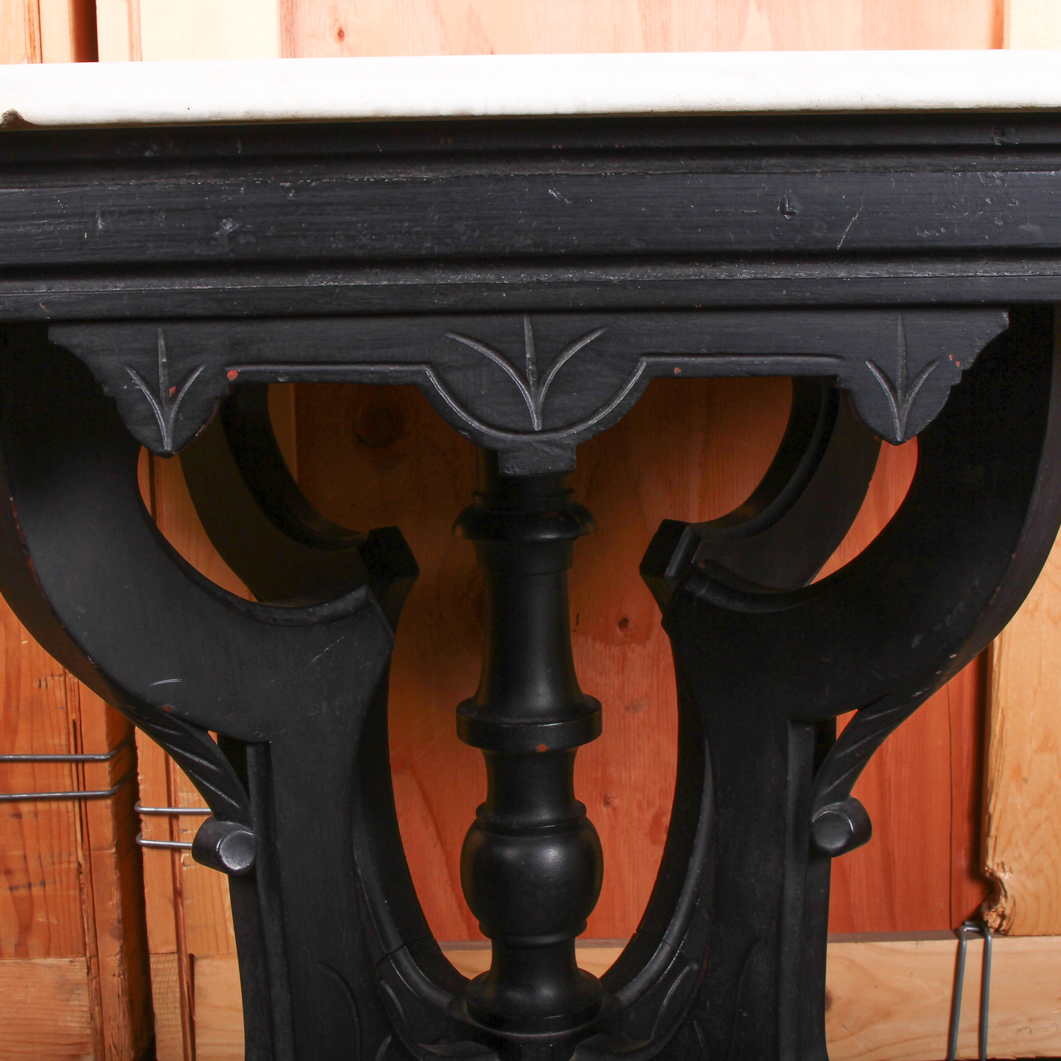 Vintage White Marble Top Table with Black Scroll Detail Wooden Base