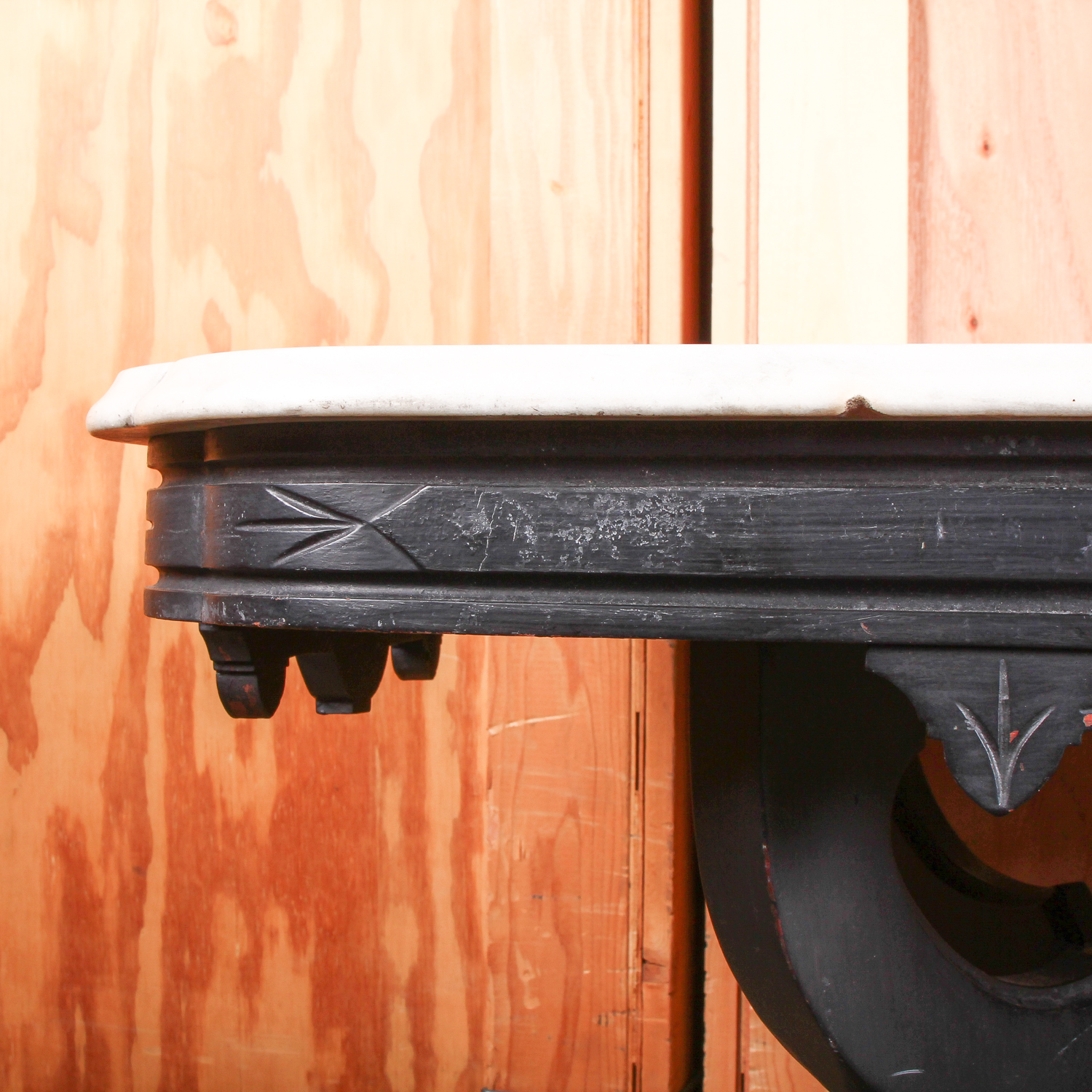 Vintage White Marble Top Table with Black Scroll Detail Wooden Base