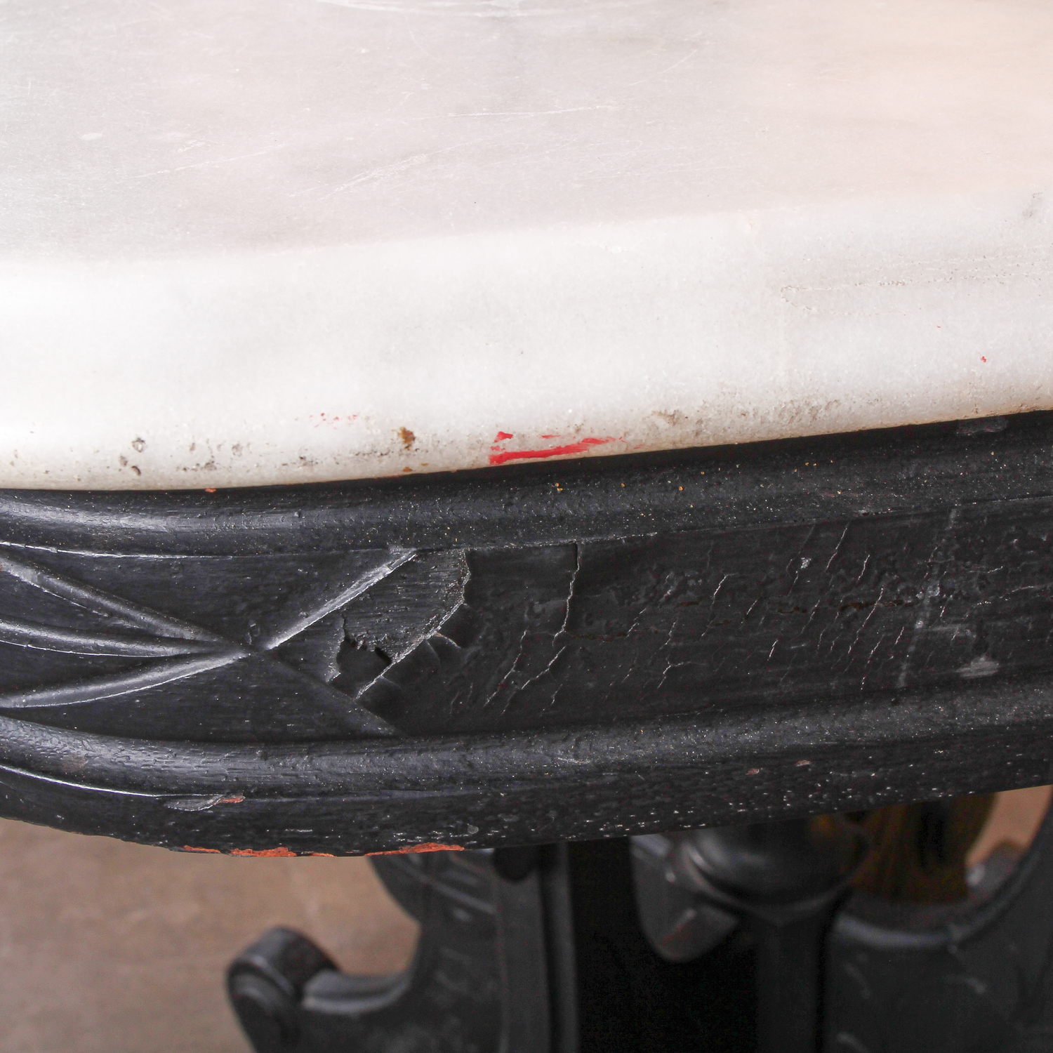 Vintage White Marble Top Table with Black Scroll Detail Wooden Base