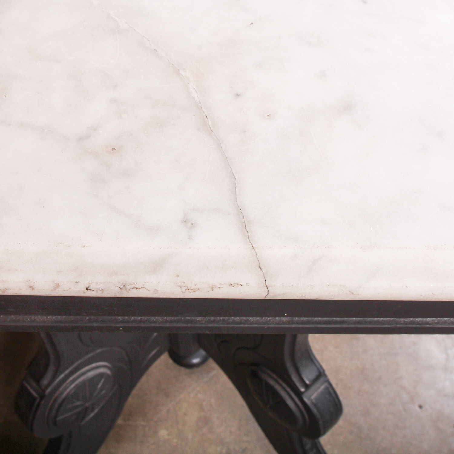 Vintage White Marble Top Table with Black Scroll Detail Wooden Base