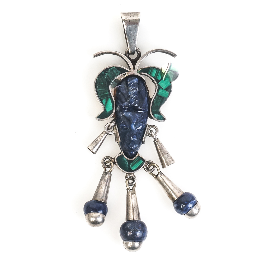 Vintage Sterling Silver and Stone Pendants Including a Mesoamerican Warrior Face