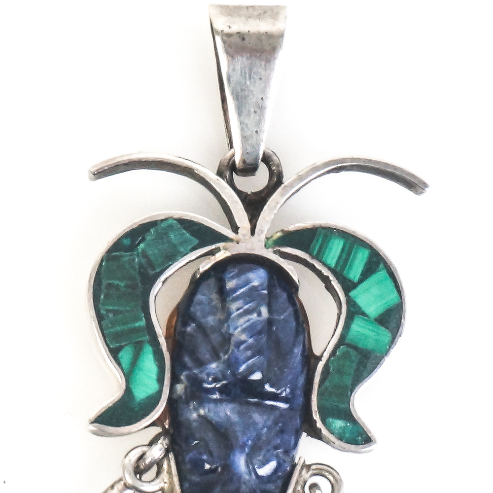 Vintage Sterling Silver and Stone Pendants Including a Mesoamerican Warrior Face