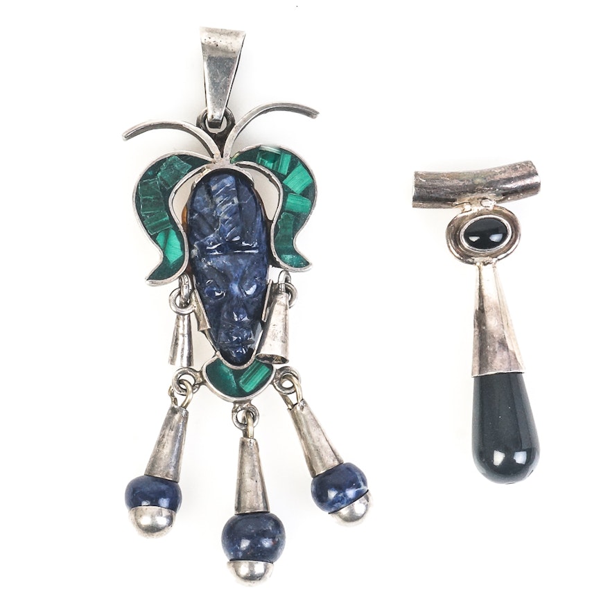 Vintage Sterling Silver and Stone Pendants Including a Mesoamerican Warrior Face