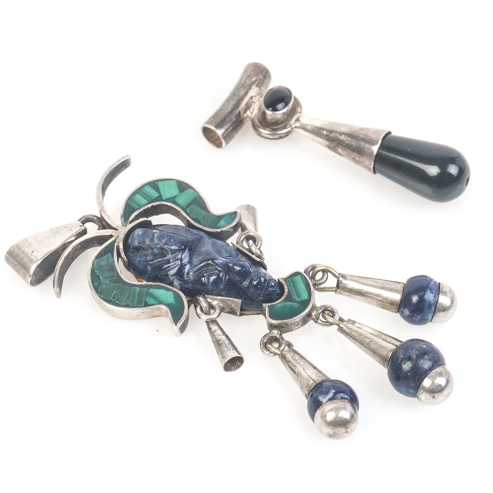 Vintage Sterling Silver and Stone Pendants Including a Mesoamerican Warrior Face