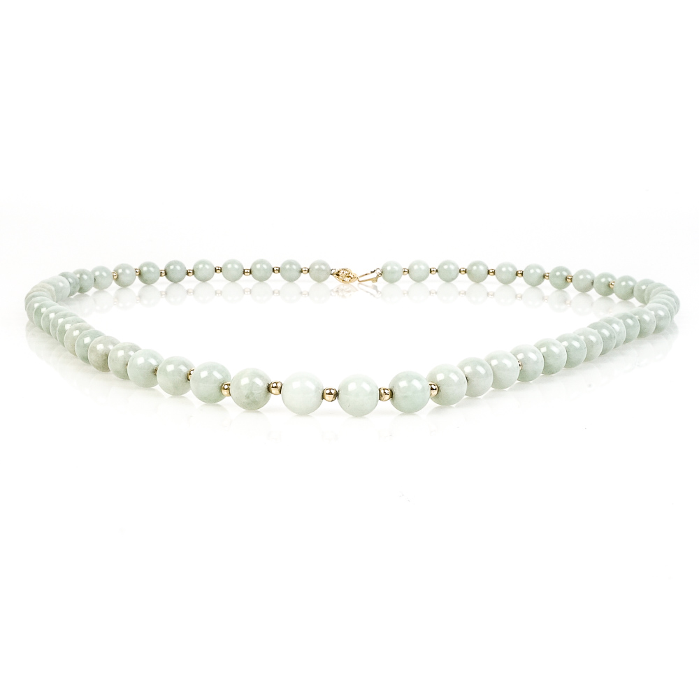 14K Yellow Gold and Jadeite Jade Beaded Necklace