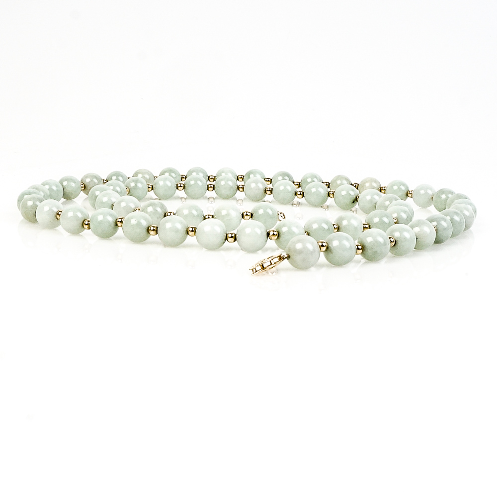 14K Yellow Gold and Jadeite Jade Beaded Necklace