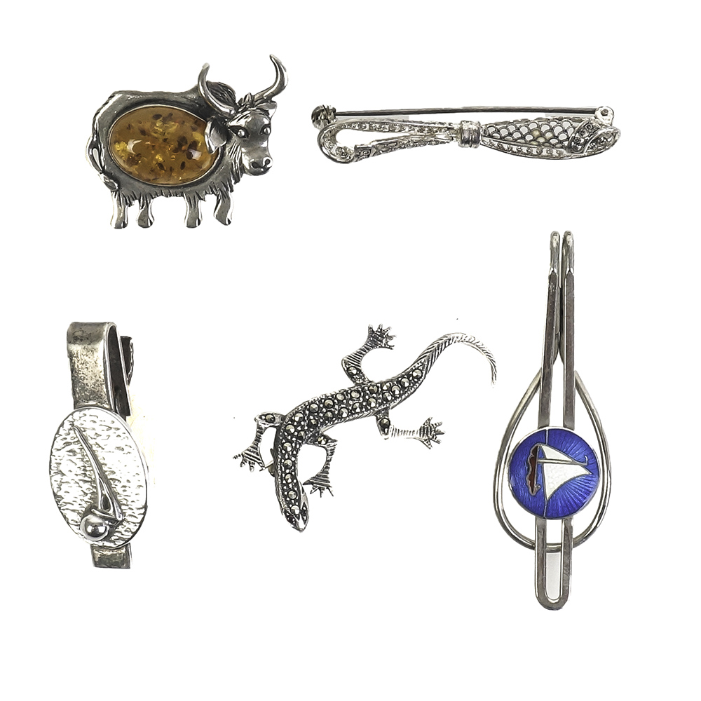 Assortment of Vintage Sterling Silver Pins and Tie Clips