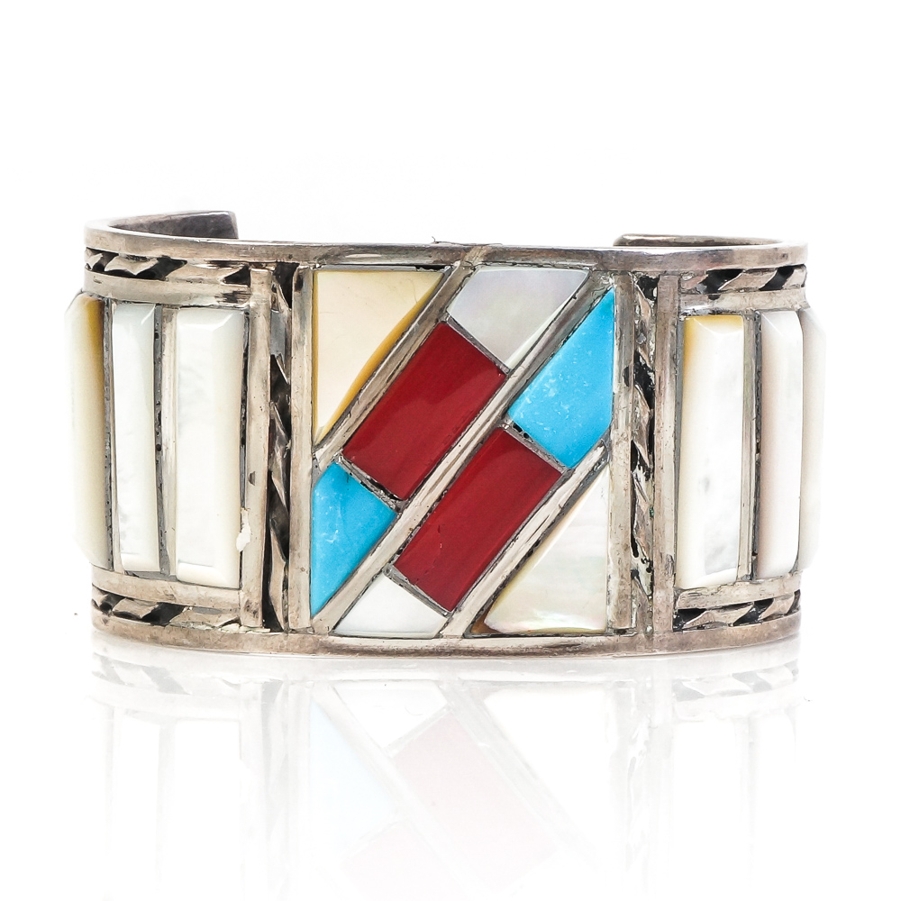 Southwest Inspired Sterling Silver and Stone Mosaic Cuff Bracelet