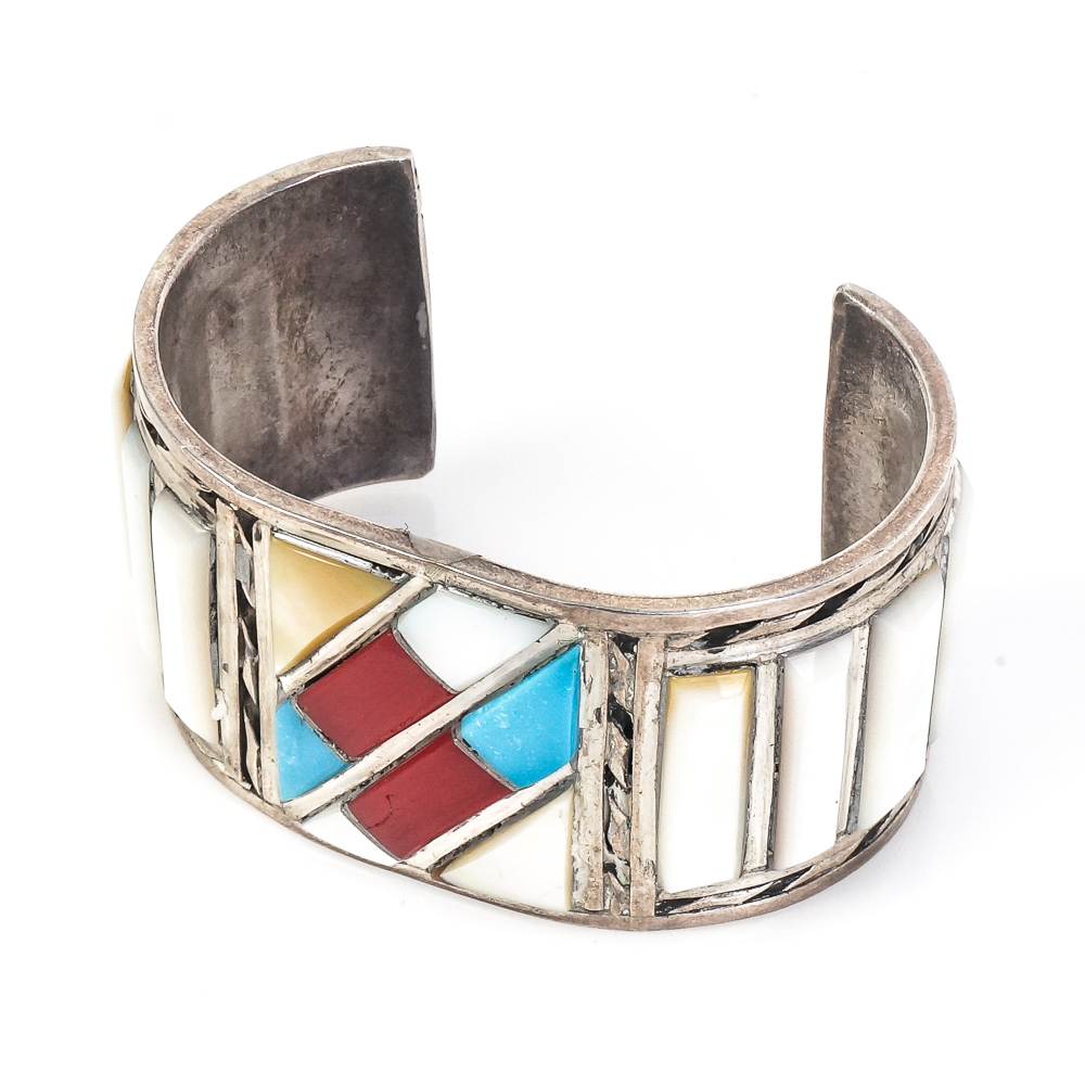 Southwest Inspired Sterling Silver and Stone Mosaic Cuff Bracelet