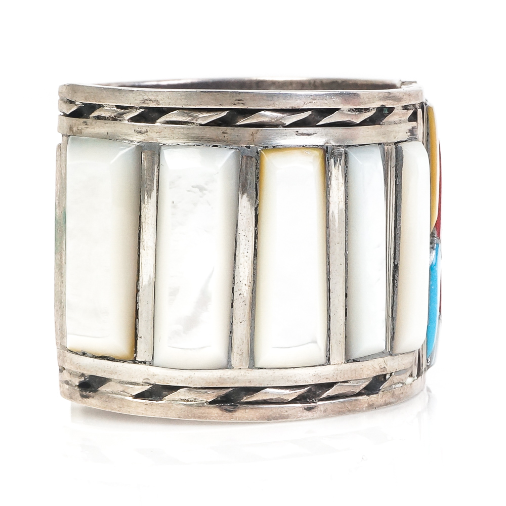 Southwest Inspired Sterling Silver and Stone Mosaic Cuff Bracelet